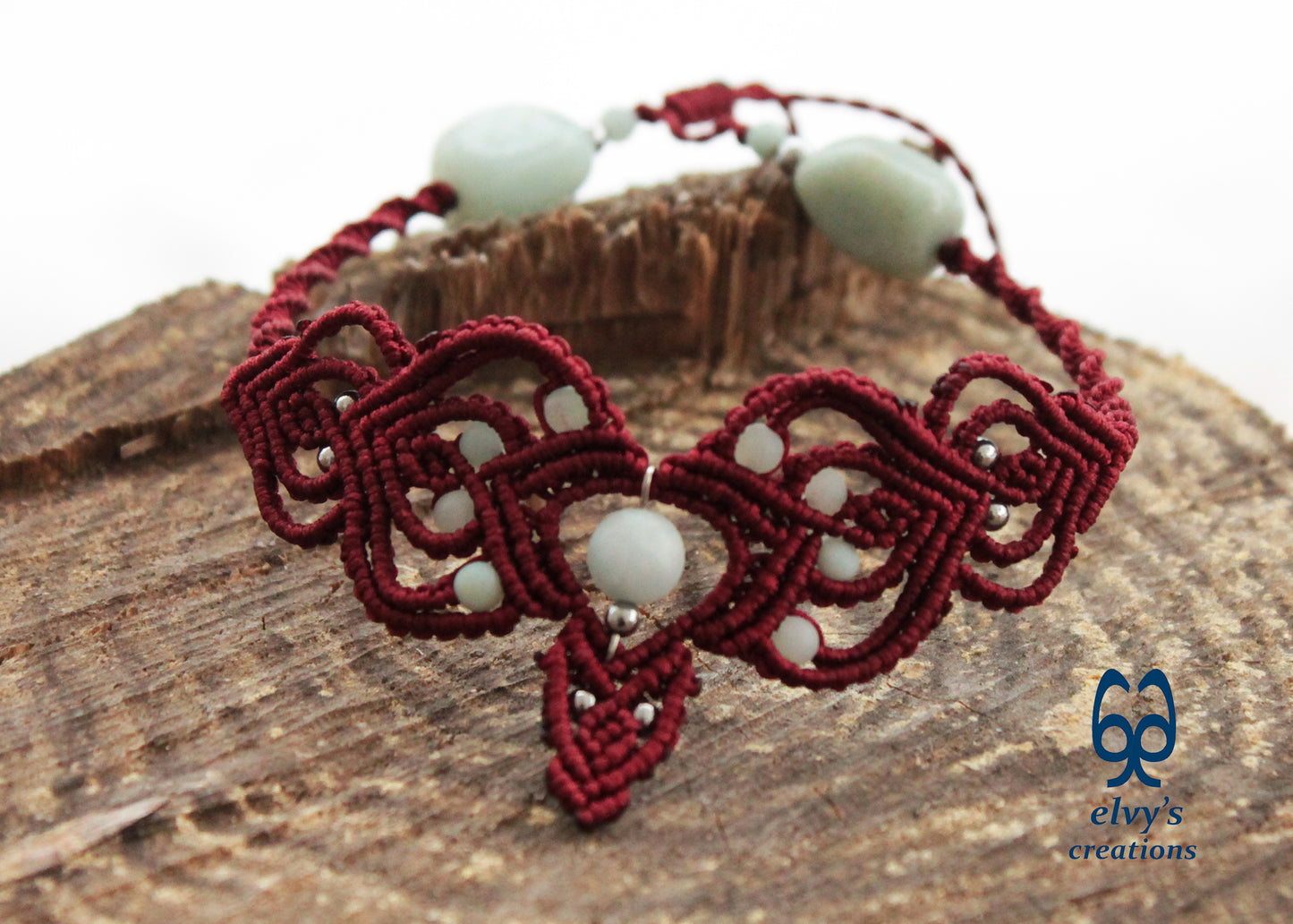 Red Macrame Choker Moonstone Lace Necklace Macrame Adjustable Choker Amazonite and Hematite Beaded Jewelry 