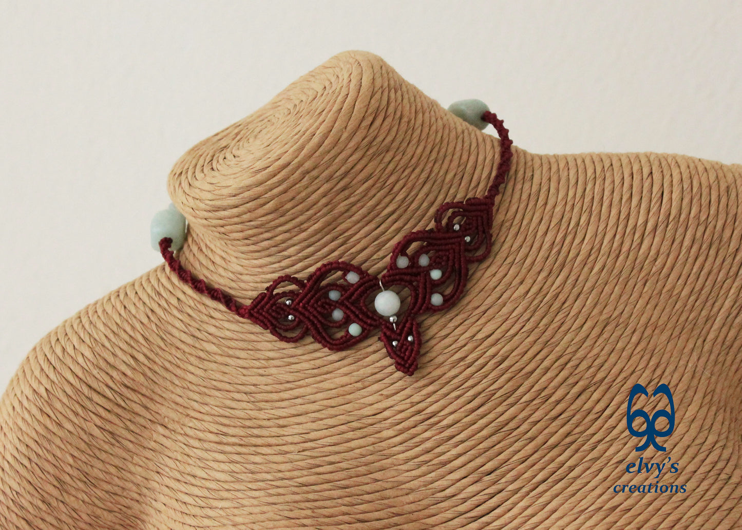 Red Macrame Choker Moonstone Lace Necklace Macrame Adjustable Choker Amazonite and Hematite Beaded Jewelry 