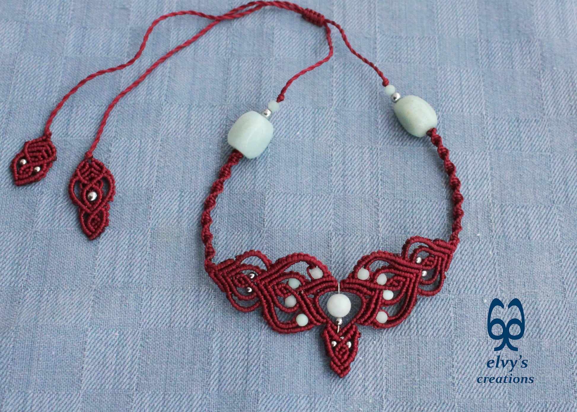 Red Macrame Choker Moonstone Lace Necklace Macrame Adjustable Choker Amazonite and Hematite Beaded Jewelry 