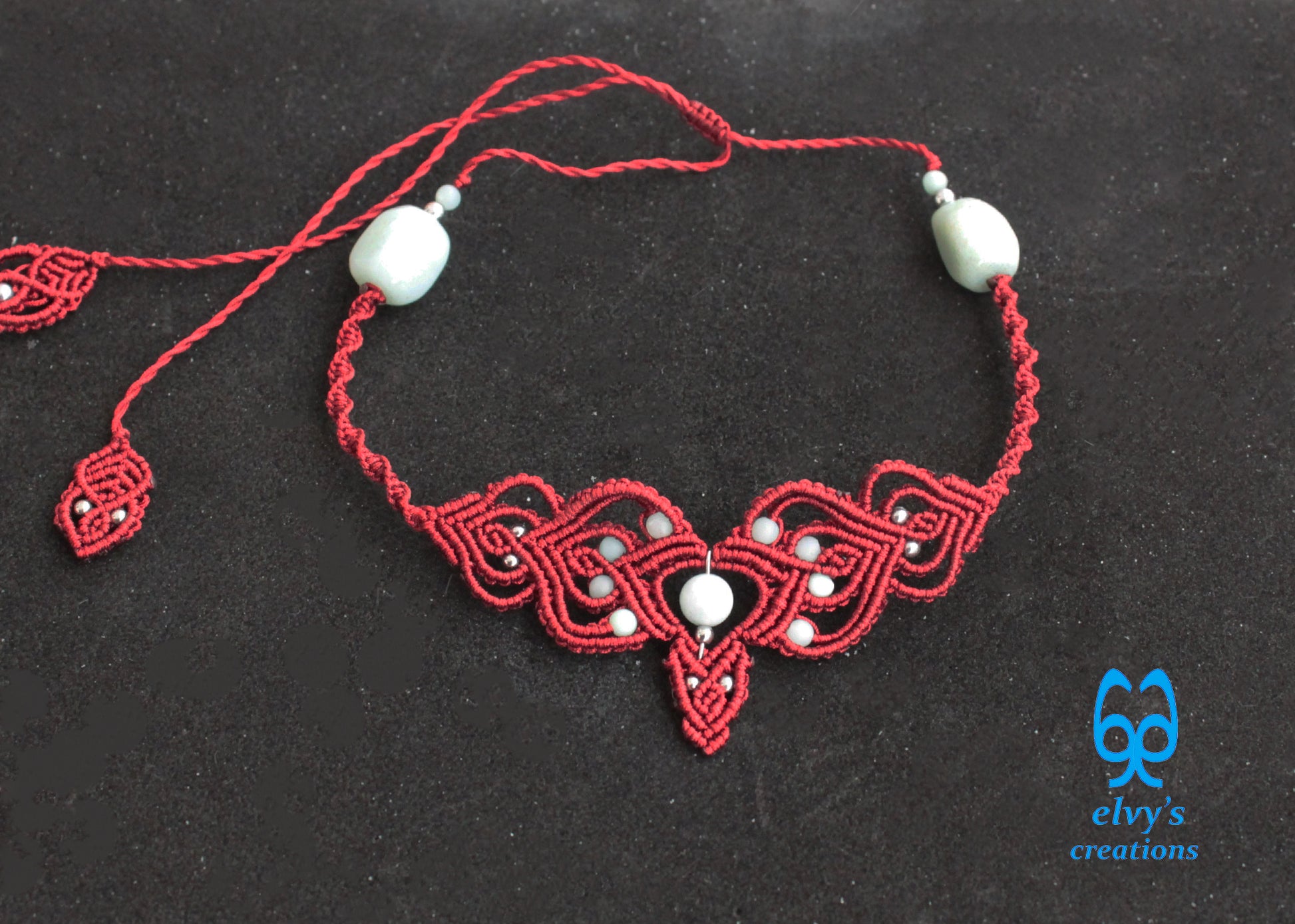 Red Macrame Choker Moonstone Lace Necklace Macrame Adjustable Choker Amazonite and Hematite Beaded Jewelry 