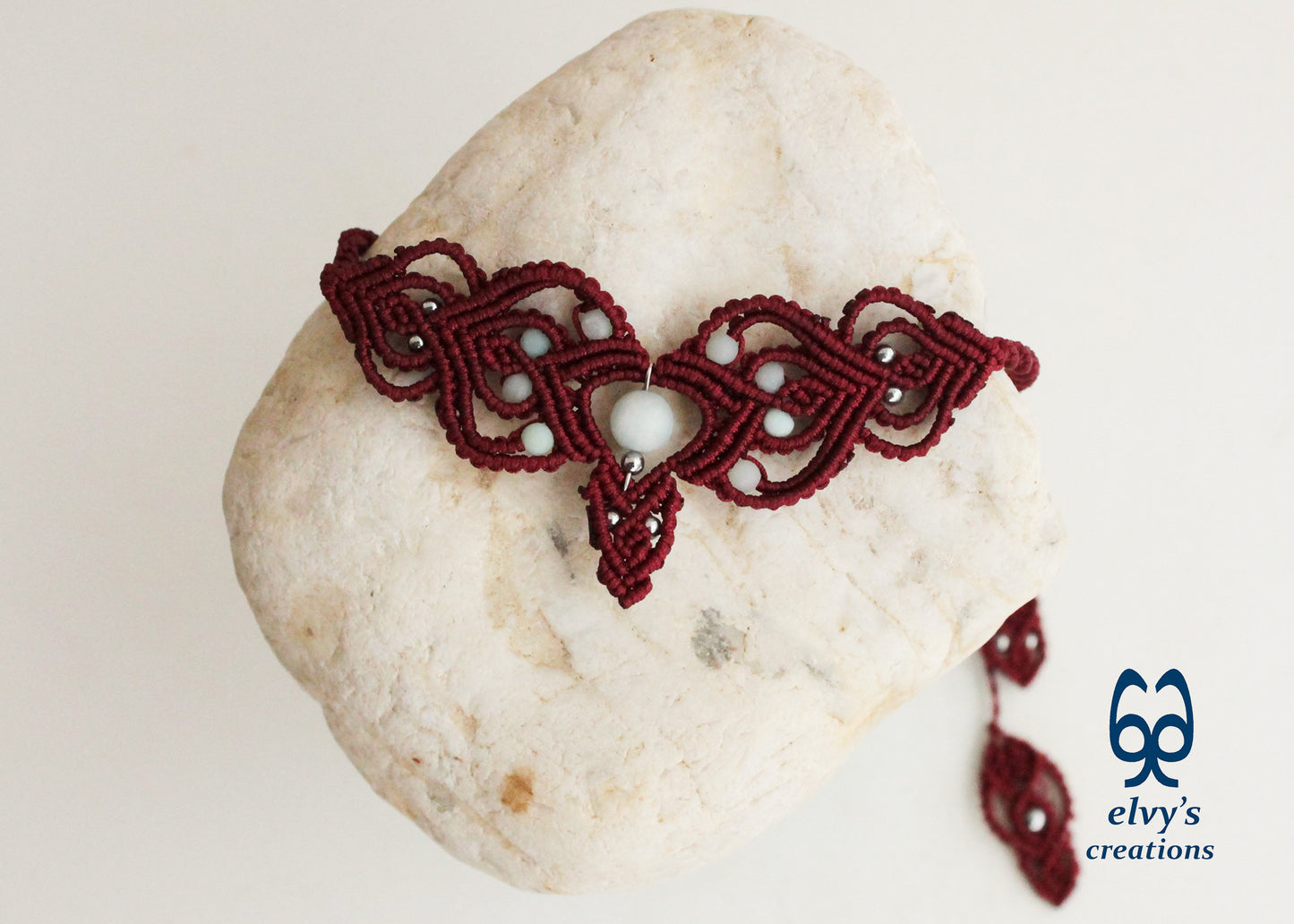 Red Macrame Choker Moonstone Lace Necklace Macrame Adjustable Choker Amazonite and Hematite Beaded Jewelry 