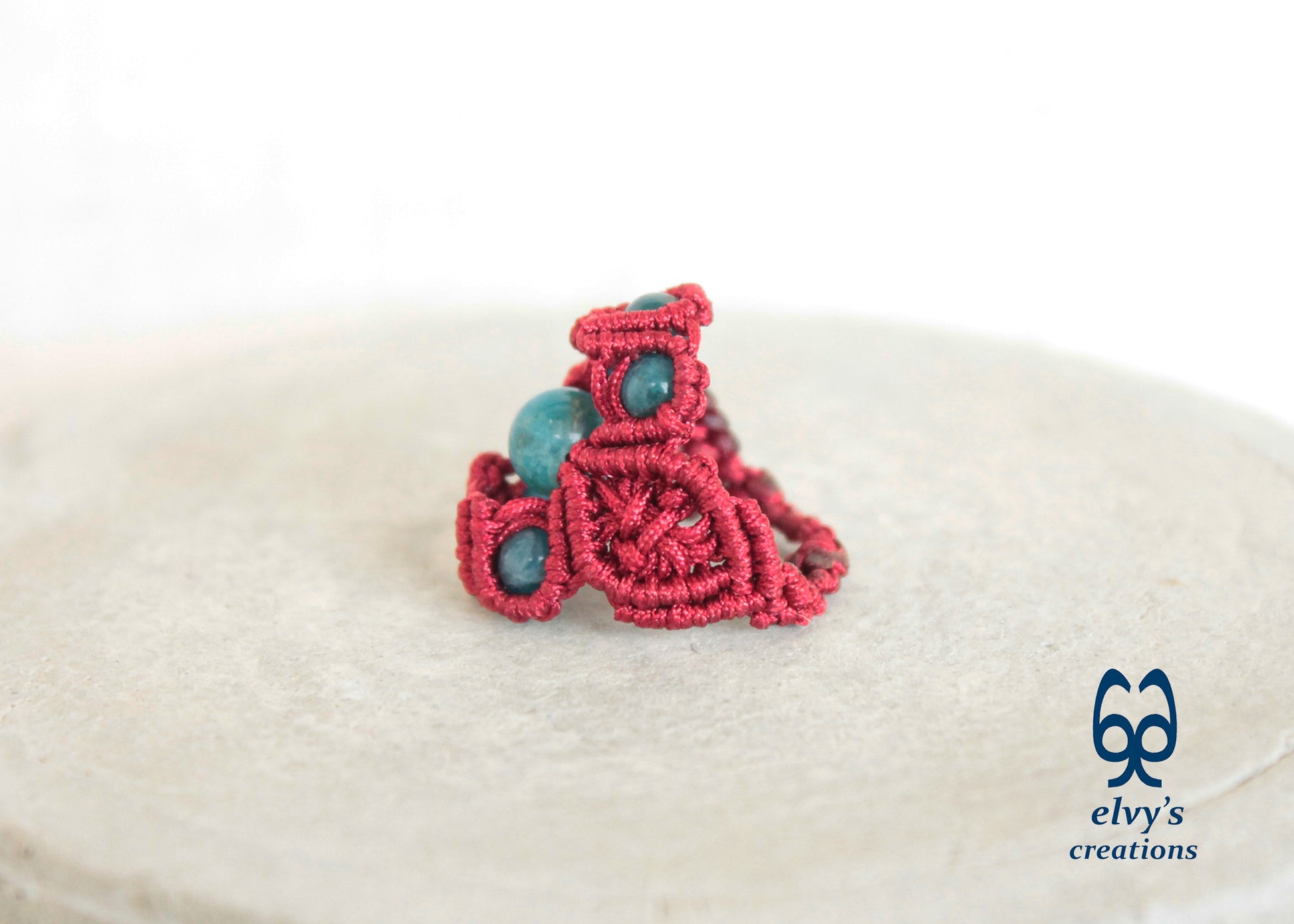 Red Macrame Ring Blue Apatite Gemstones Ring with Healing Gemstones Gift for Women