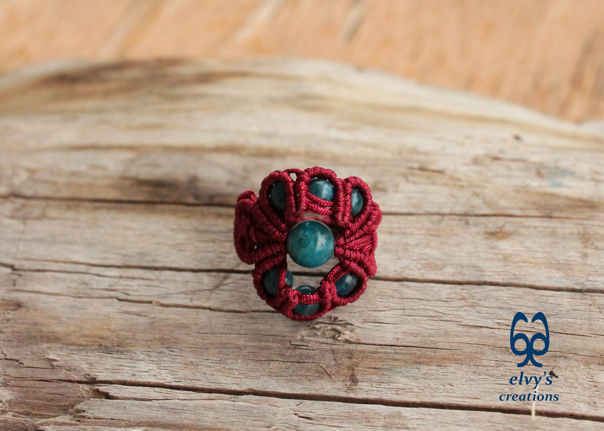 Red Macrame Ring Blue Apatite Gemstones Ring with Healing Gemstones Gift for Women