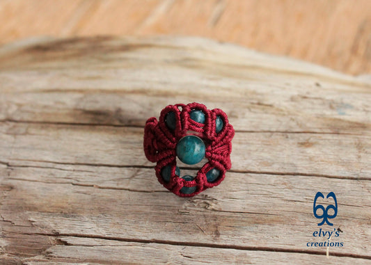 Red Macrame Ring Blue Apatite Gemstones Ring with Healing Gemstones Gift for Women