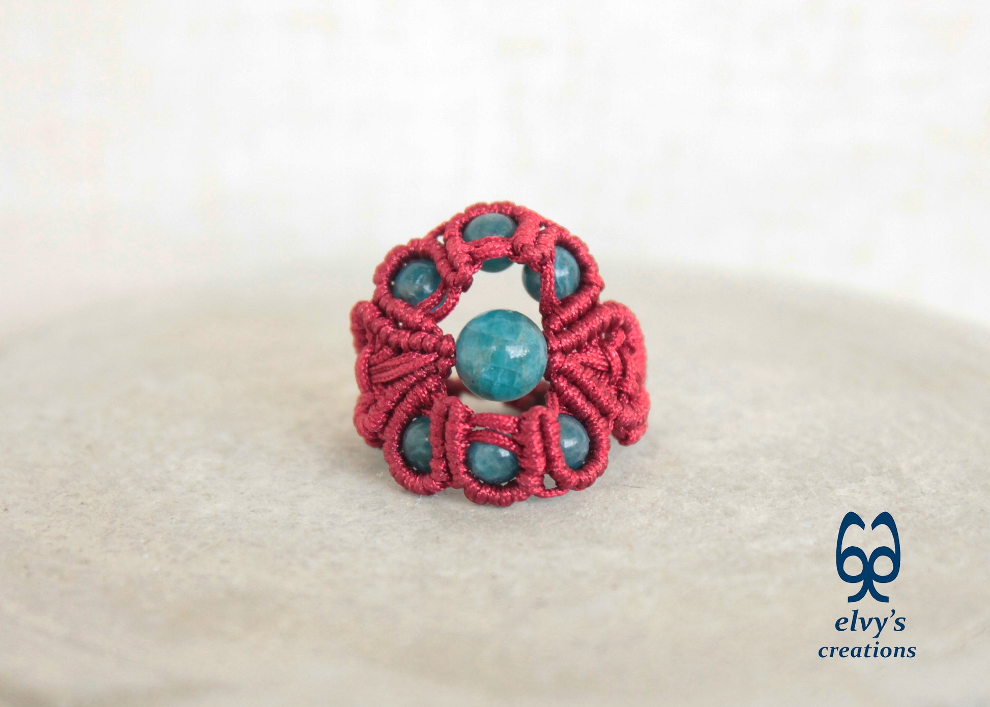 Red Macrame Ring Blue Apatite Gemstones Ring with Healing Gemstones Gift for Women