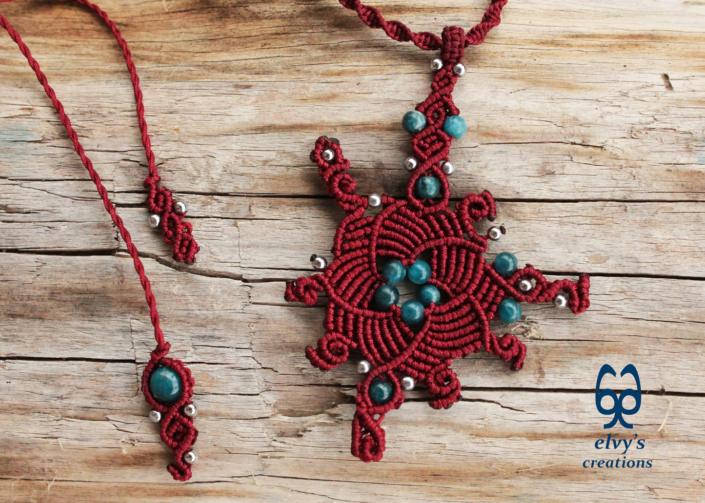 Red Macrame Necklace with Apatite and Hematite Gemstones Handmade Macrame Jewelry