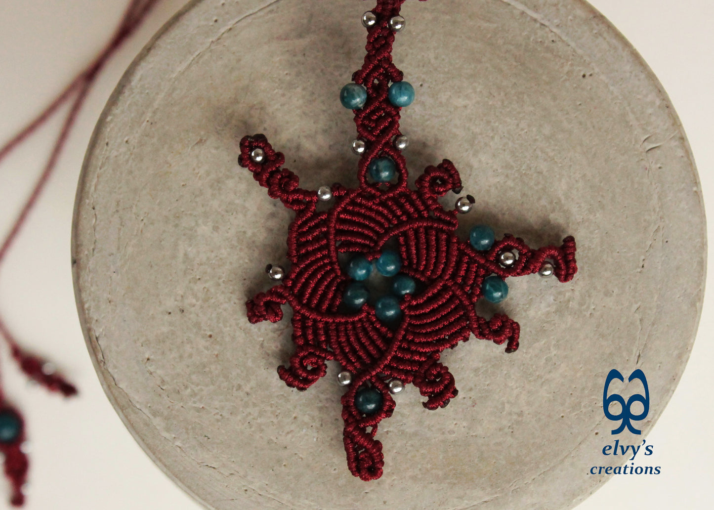 Red Macrame Necklace with Apatite and Hematite Gemstones Handmade Macrame Jewelry