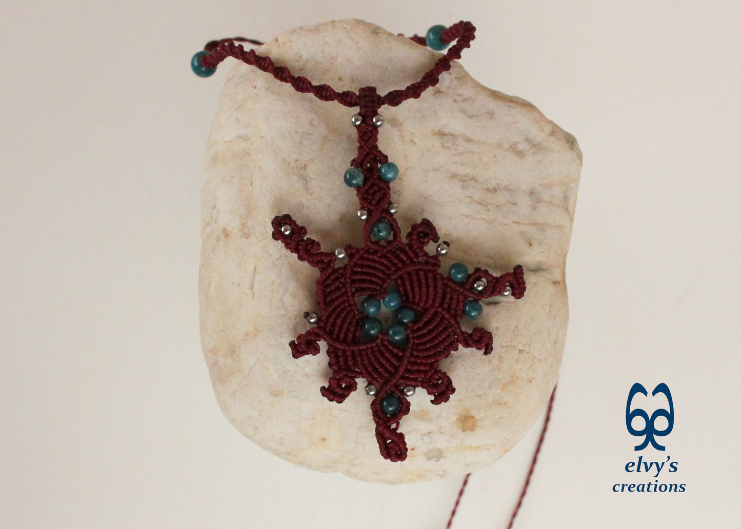 Red Macrame Necklace with Apatite and Hematite Gemstones Handmade Macrame Jewelry