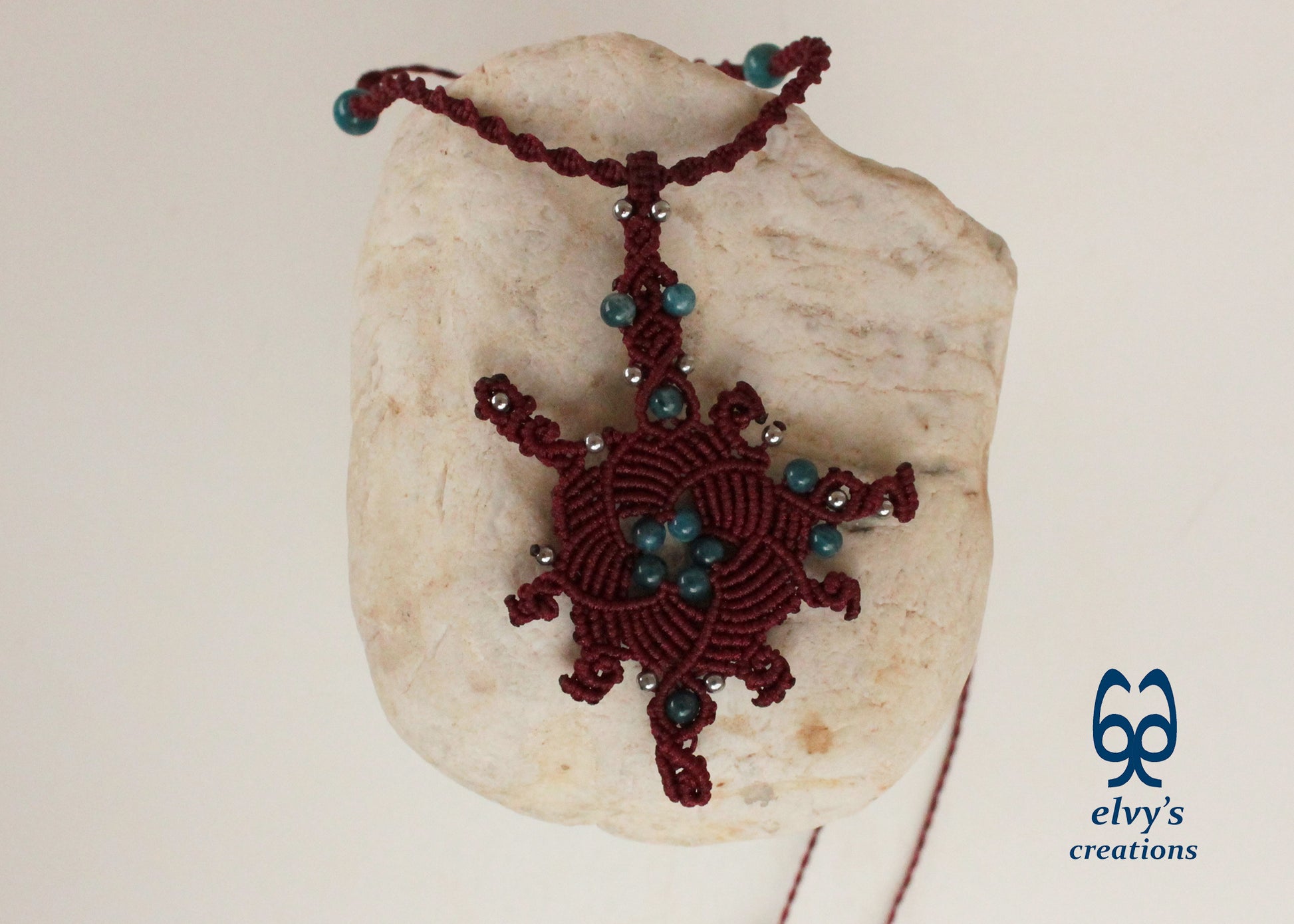 Red Macrame Necklace with Apatite and Hematite Gemstones Handmade Macrame Jewelry