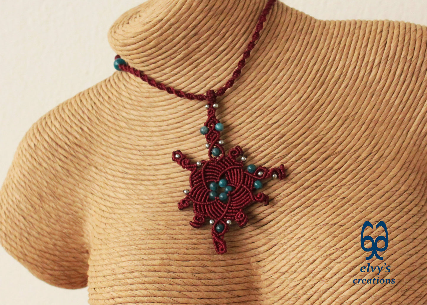 Red Macrame Necklace with Apatite and Hematite Gemstones Handmade Macrame Jewelry