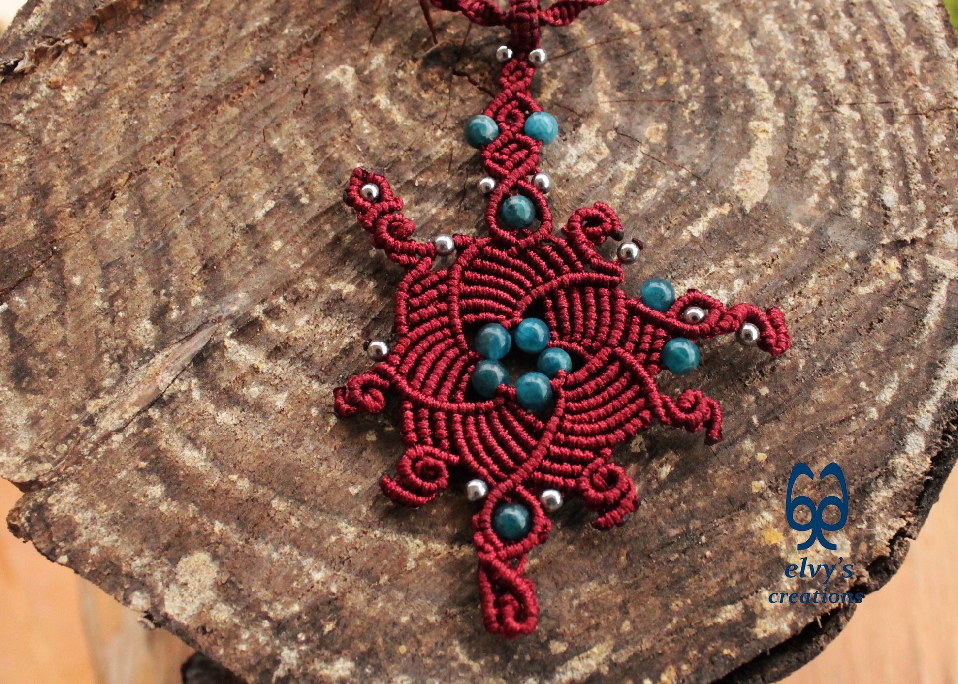 Red Macrame Necklace with Apatite and Hematite Gemstones Handmade Macrame Jewelry