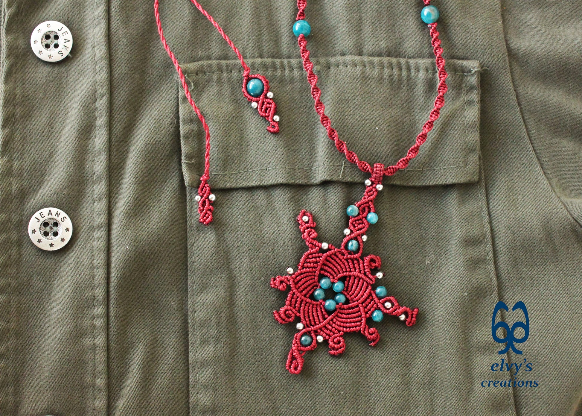 Red Macrame Necklace with Apatite and Hematite Gemstones Handmade Macrame Jewelry