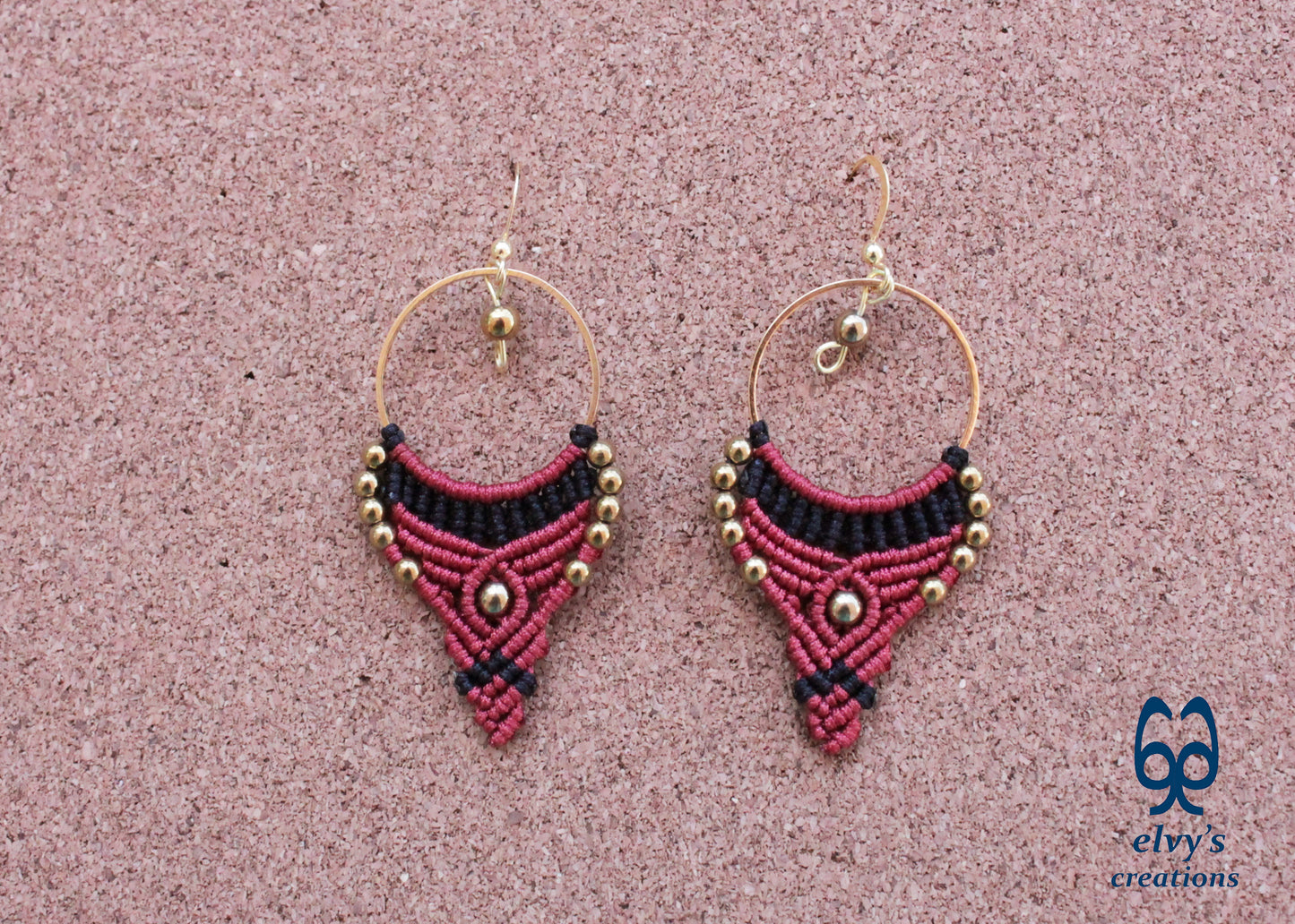 Red and Black Macrame Earrings Gold Hematite Gemstones Hoop Earrings