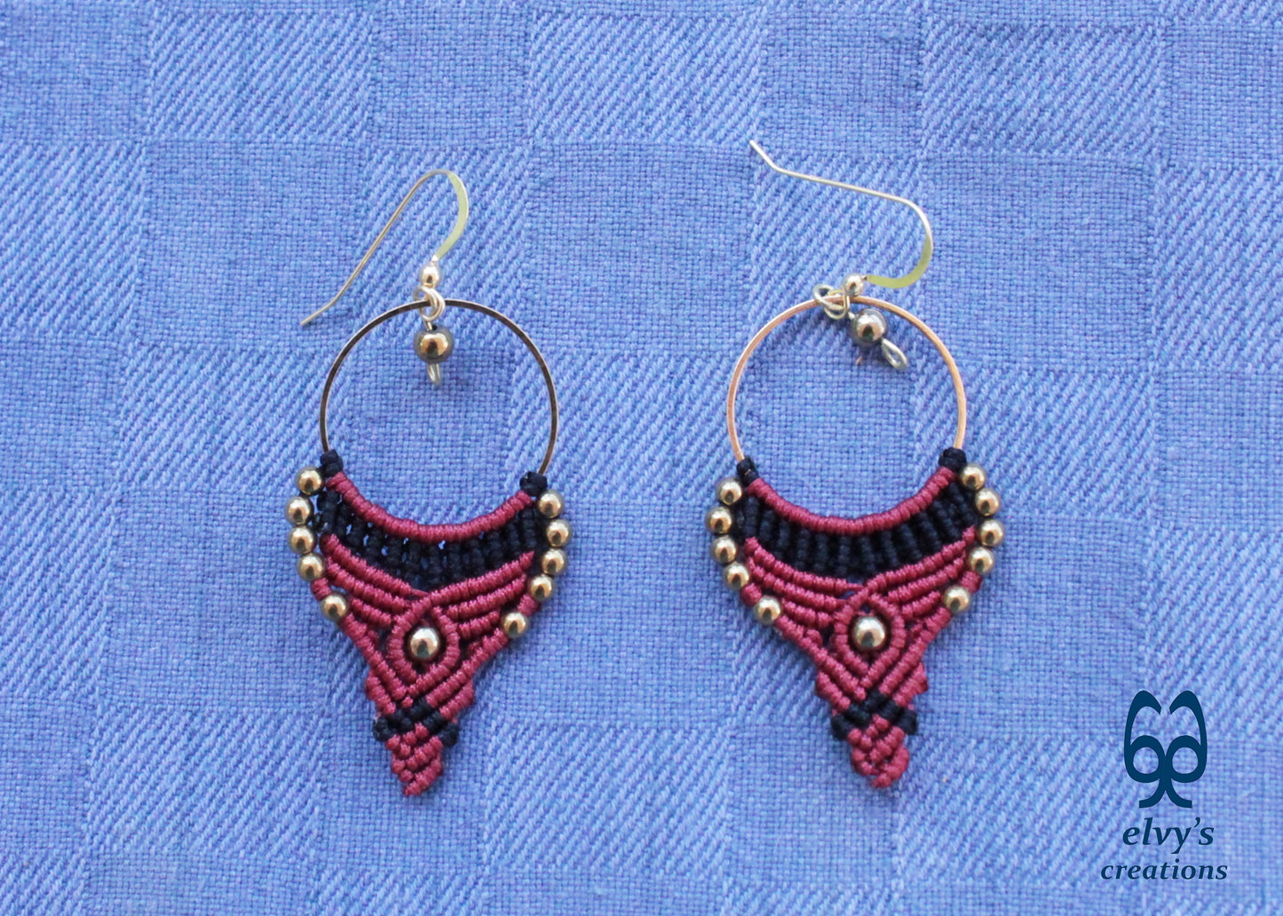 Red and Black Macrame Earrings Gold Hematite Gemstones Hoop Earrings