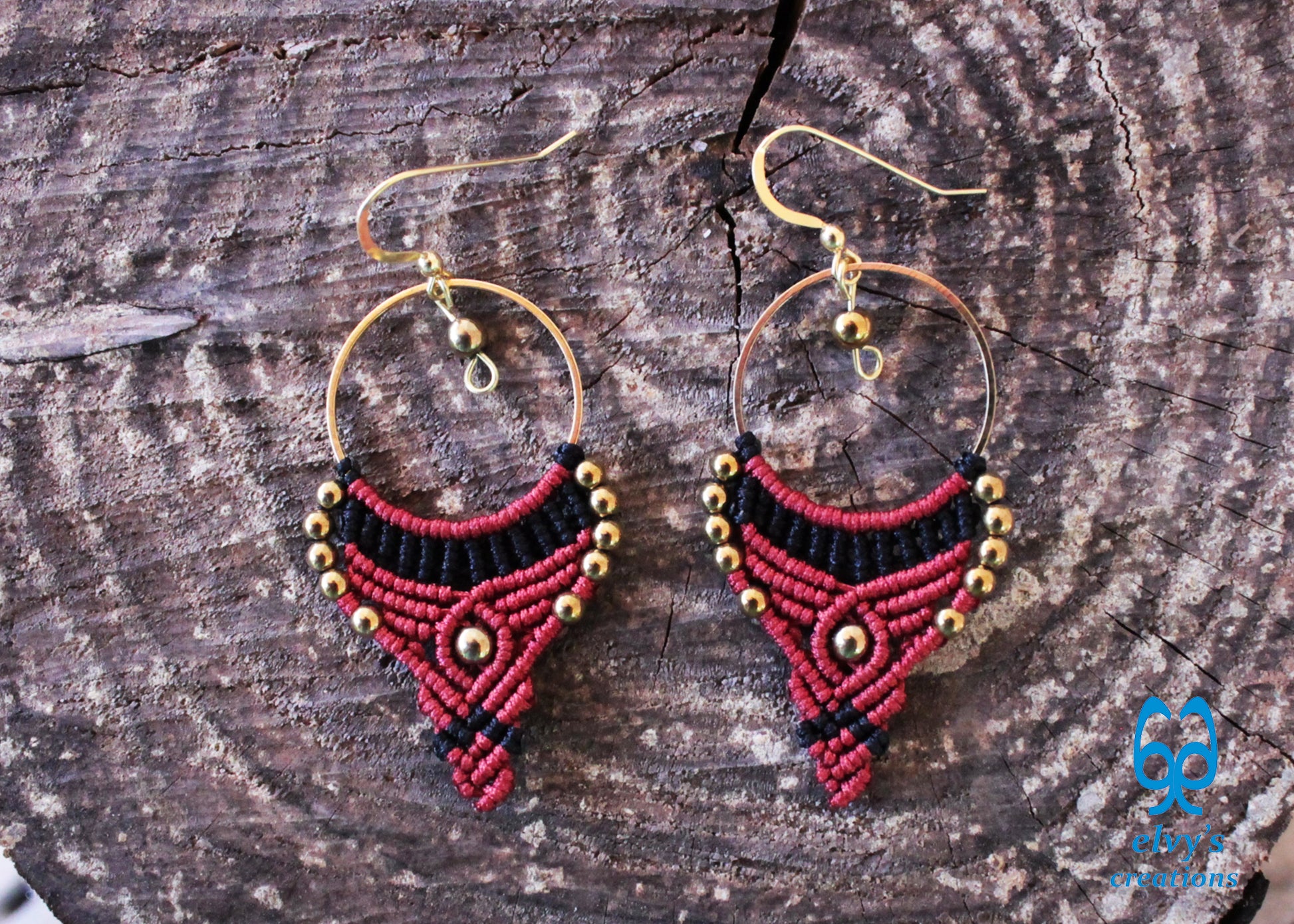Red and Black Macrame Earrings Gold Hematite Gemstones Hoop Earrings