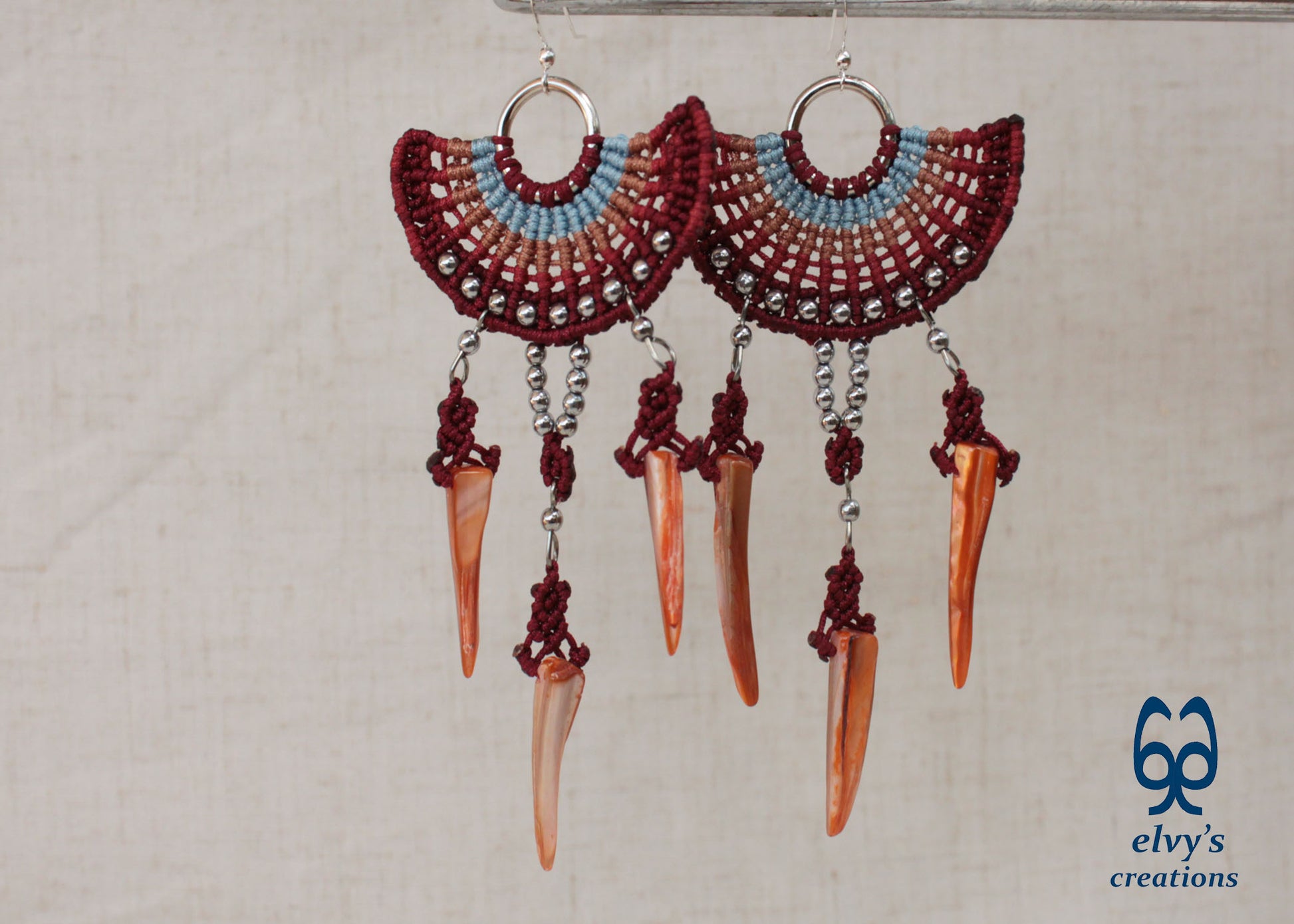 Big Red Macramé Earrings Long Dangle with Hematite Gemstones and Shells