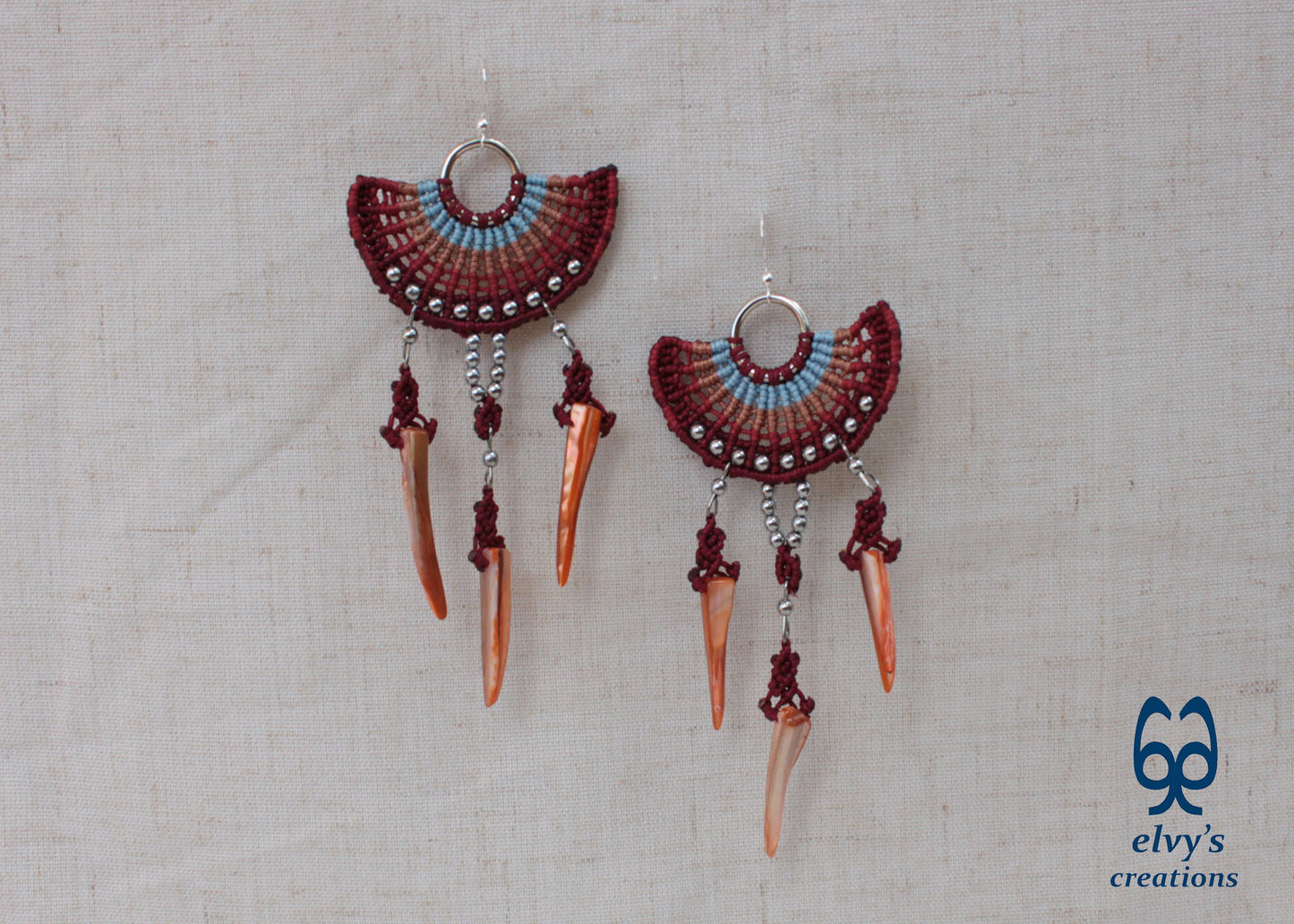 Big Red Macramé Earrings Long Dangle with Hematite Gemstones and Shells