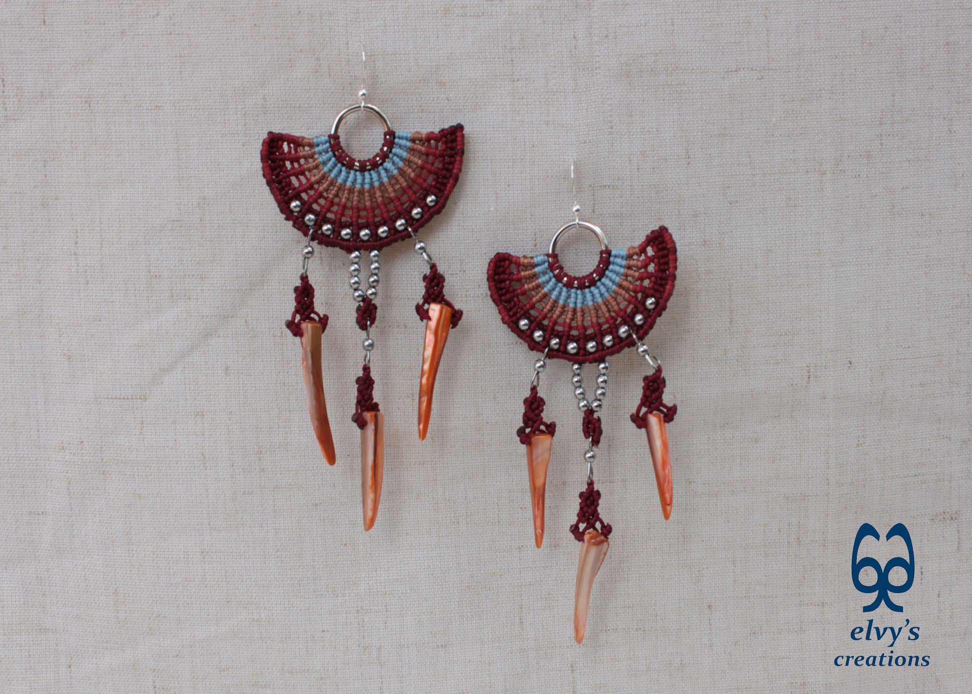 Big Red Macramé Earrings Long Dangle with Hematite Gemstones and Shells