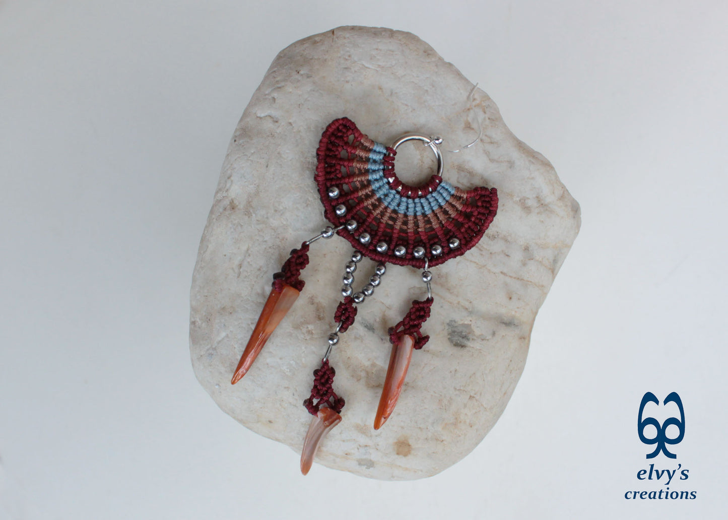 Big Red Macramé Earrings Long Dangle with Hematite Gemstones and Shells