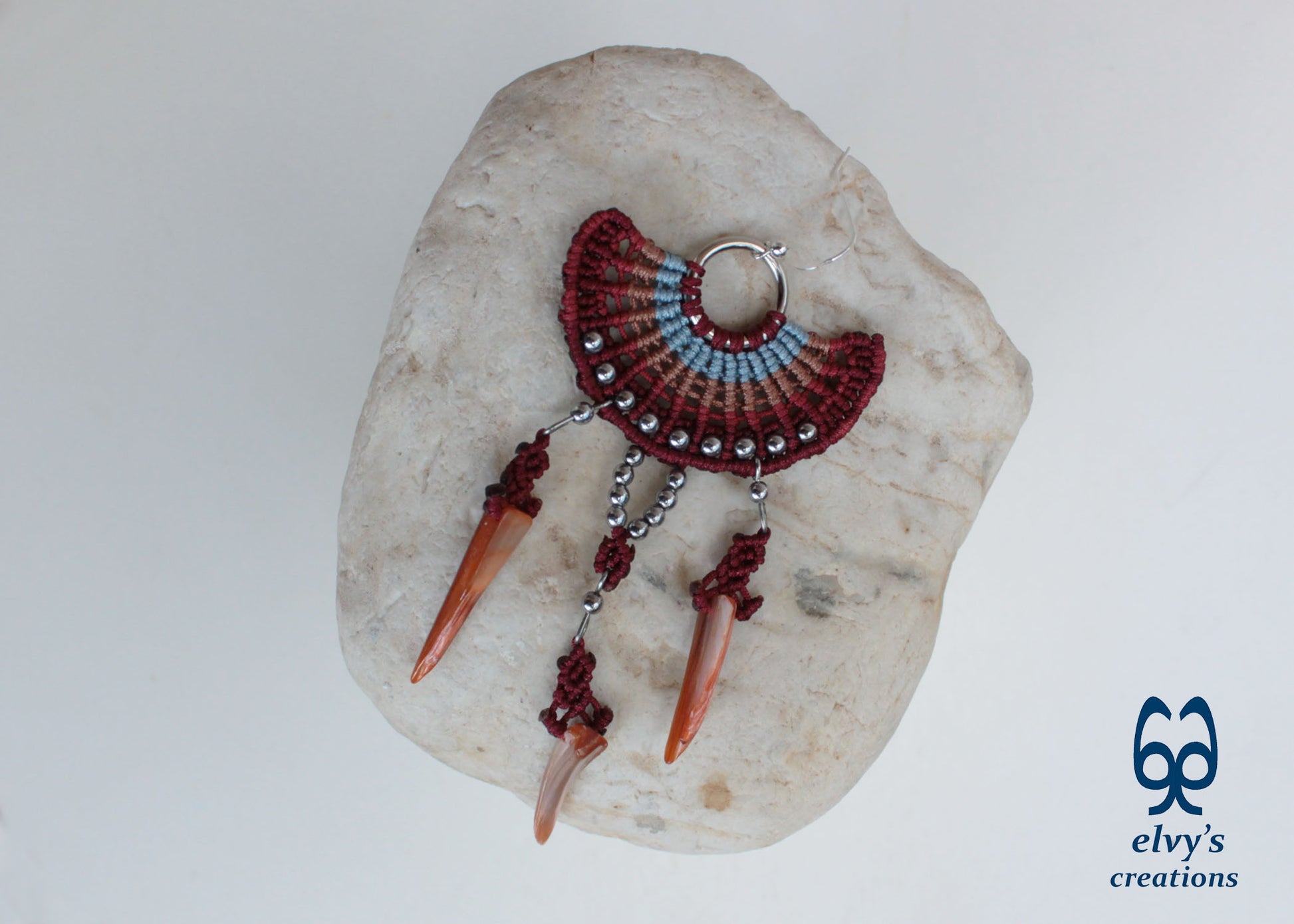 Big Red Macramé Earrings Long Dangle with Hematite Gemstones and Shells