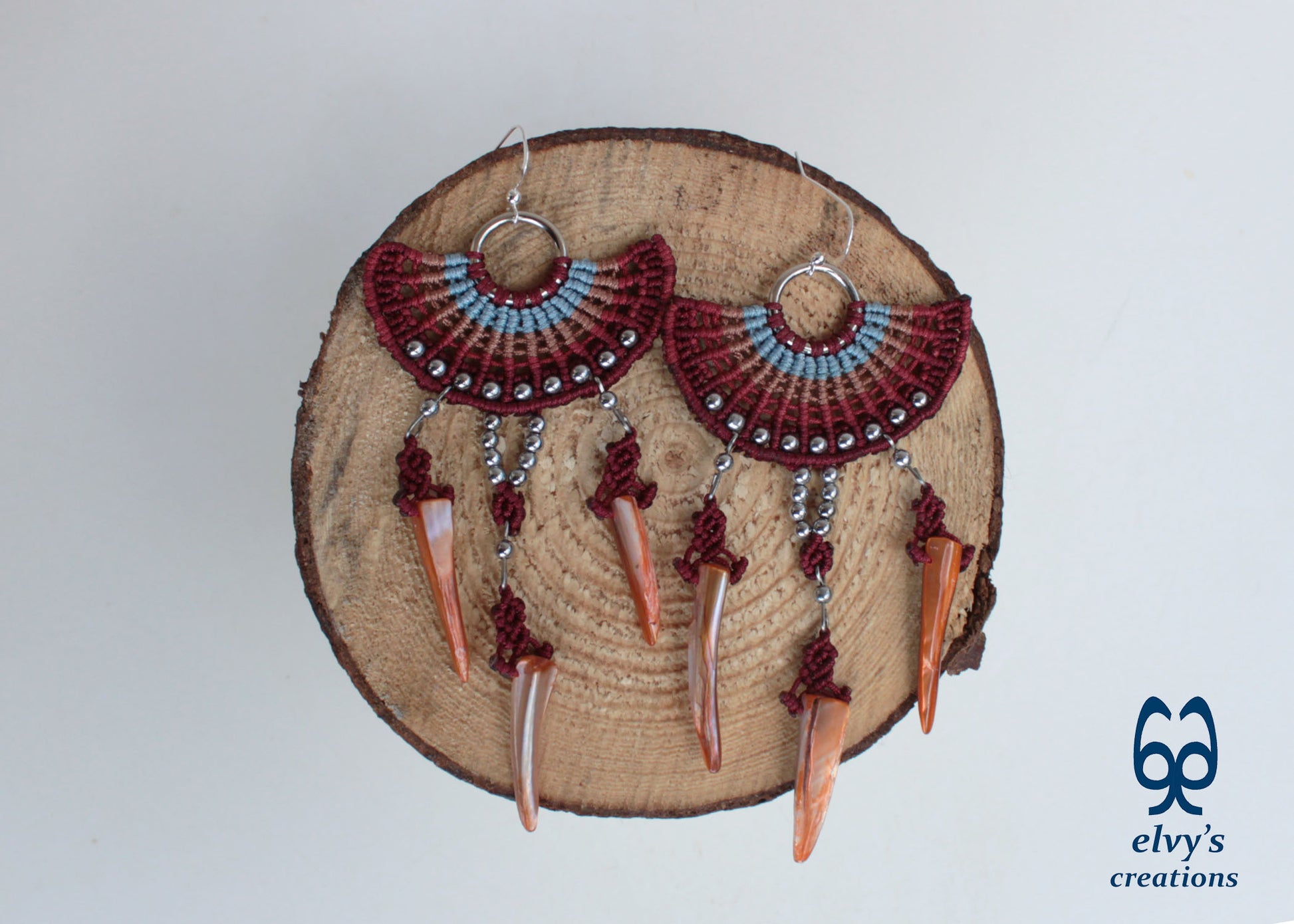 Big Red Macramé Earrings Long Dangle with Hematite Gemstones and Shells