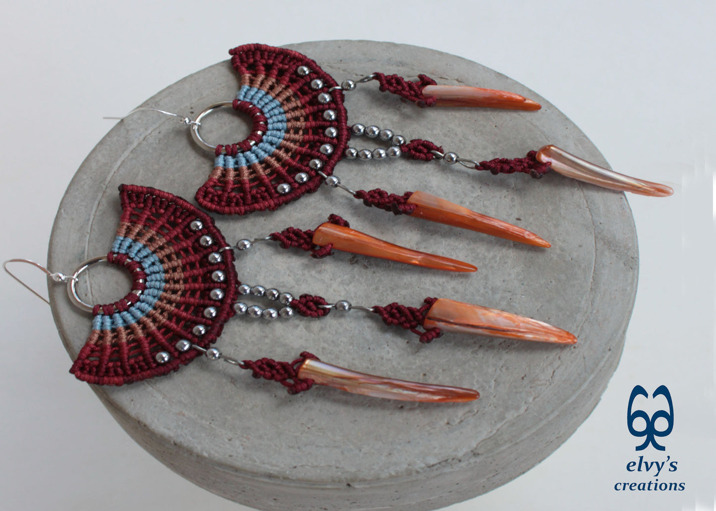 Big Red Macramé Earrings Long Dangle with Hematite Gemstones and Shells