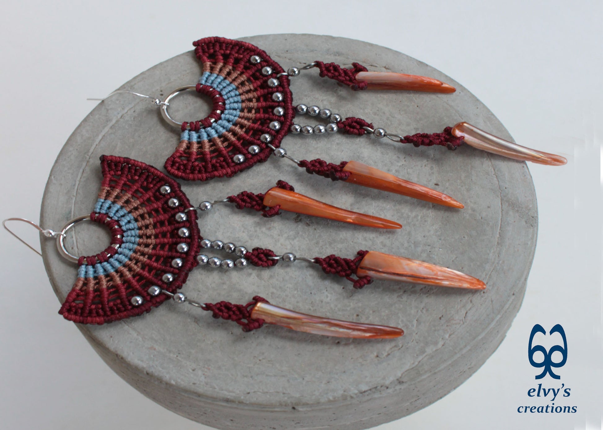 Big Red Macramé Earrings Long Dangle with Hematite Gemstones and Shells
