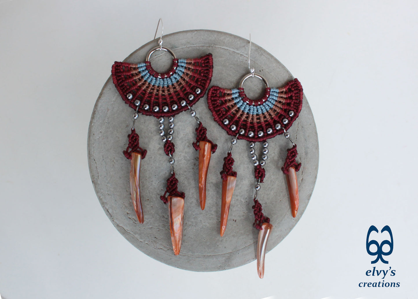 Big Red Macramé Earrings Long Dangle with Hematite Gemstones and Shells