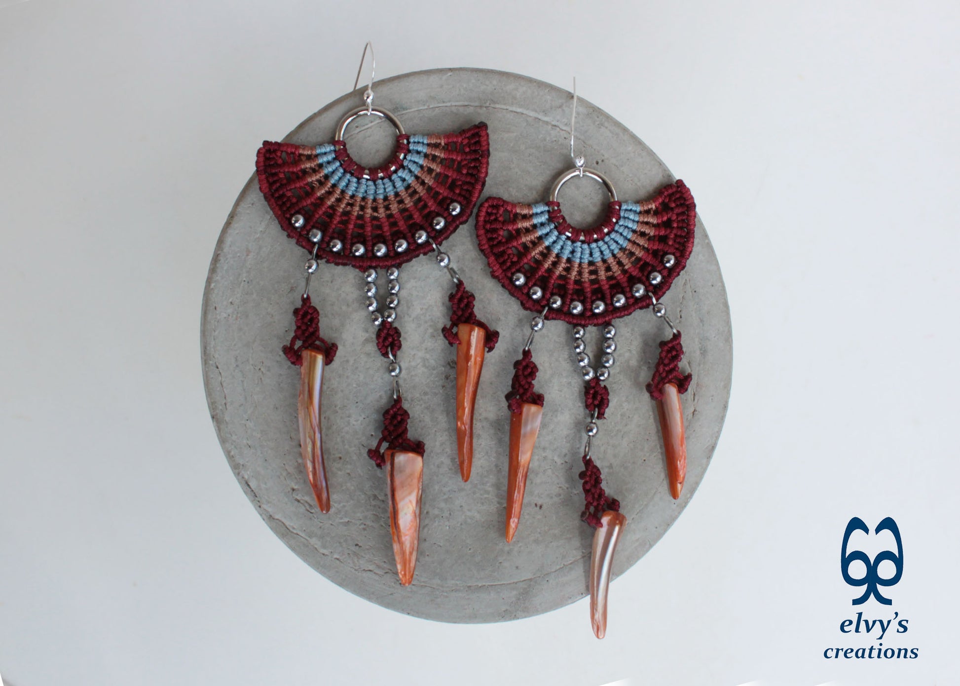 Big Red Macramé Earrings Long Dangle with Hematite Gemstones and Shells