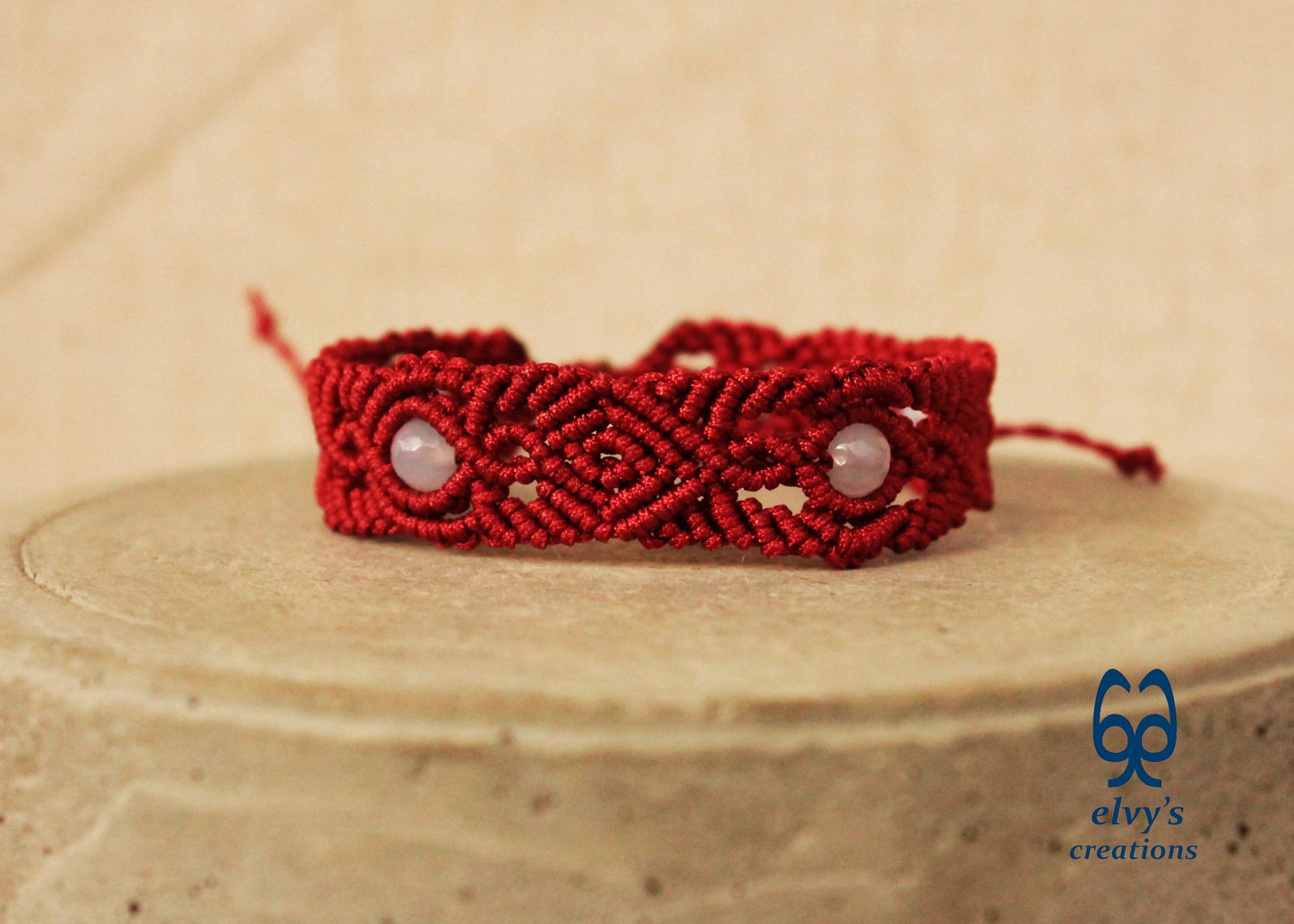 Red Macrame Bracelet with Chalcedony Gemstone Adjustable Unique Birthday Gift for Women