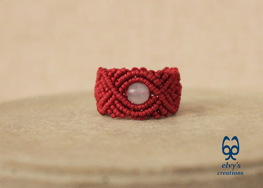 Red Macrame Ring with Purple Chalcedony Gemstone Unique Birthday Gift