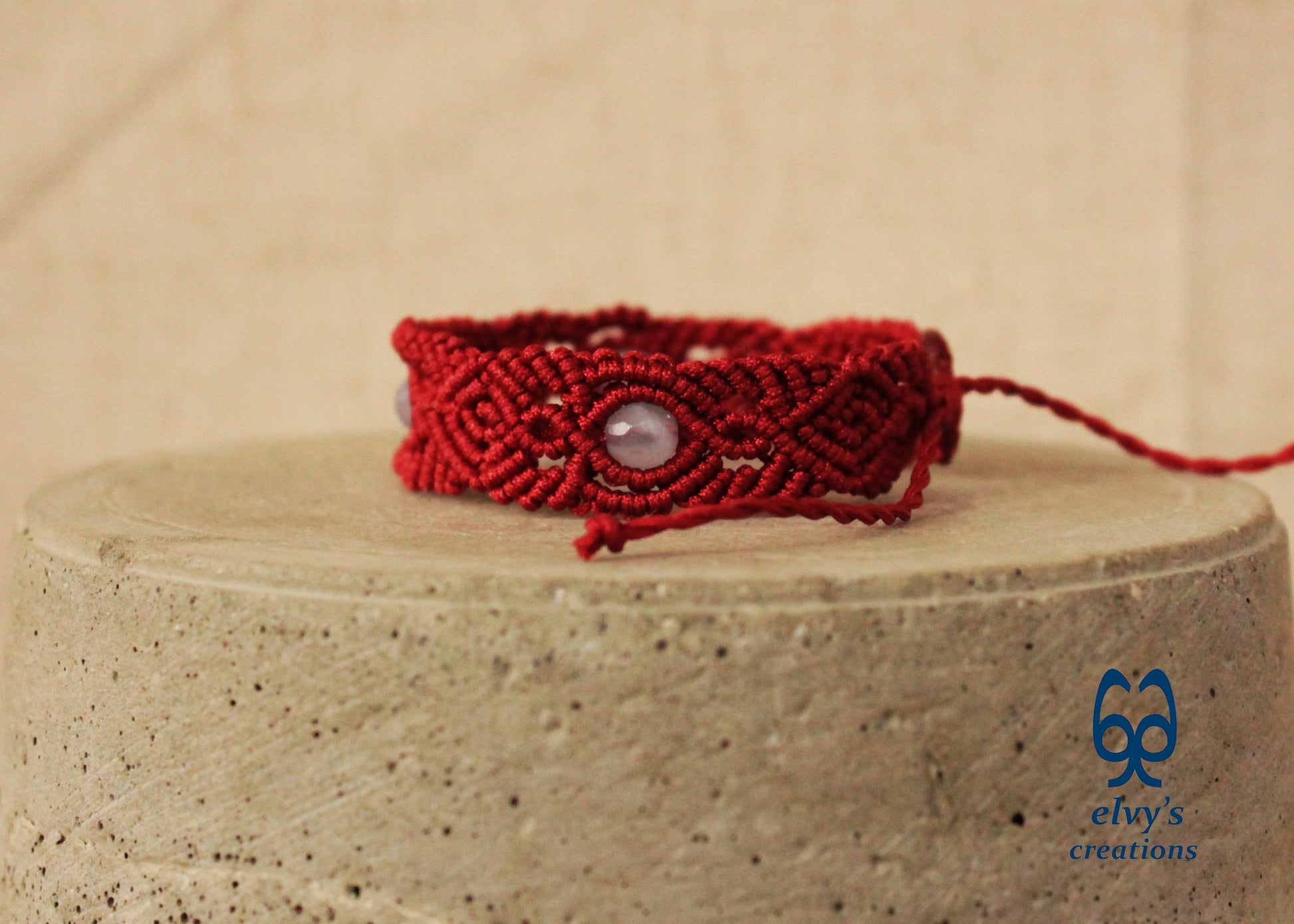 Red Macrame Bracelet with Chalcedony Gemstone Adjustable Unique Birthday Gift for Women