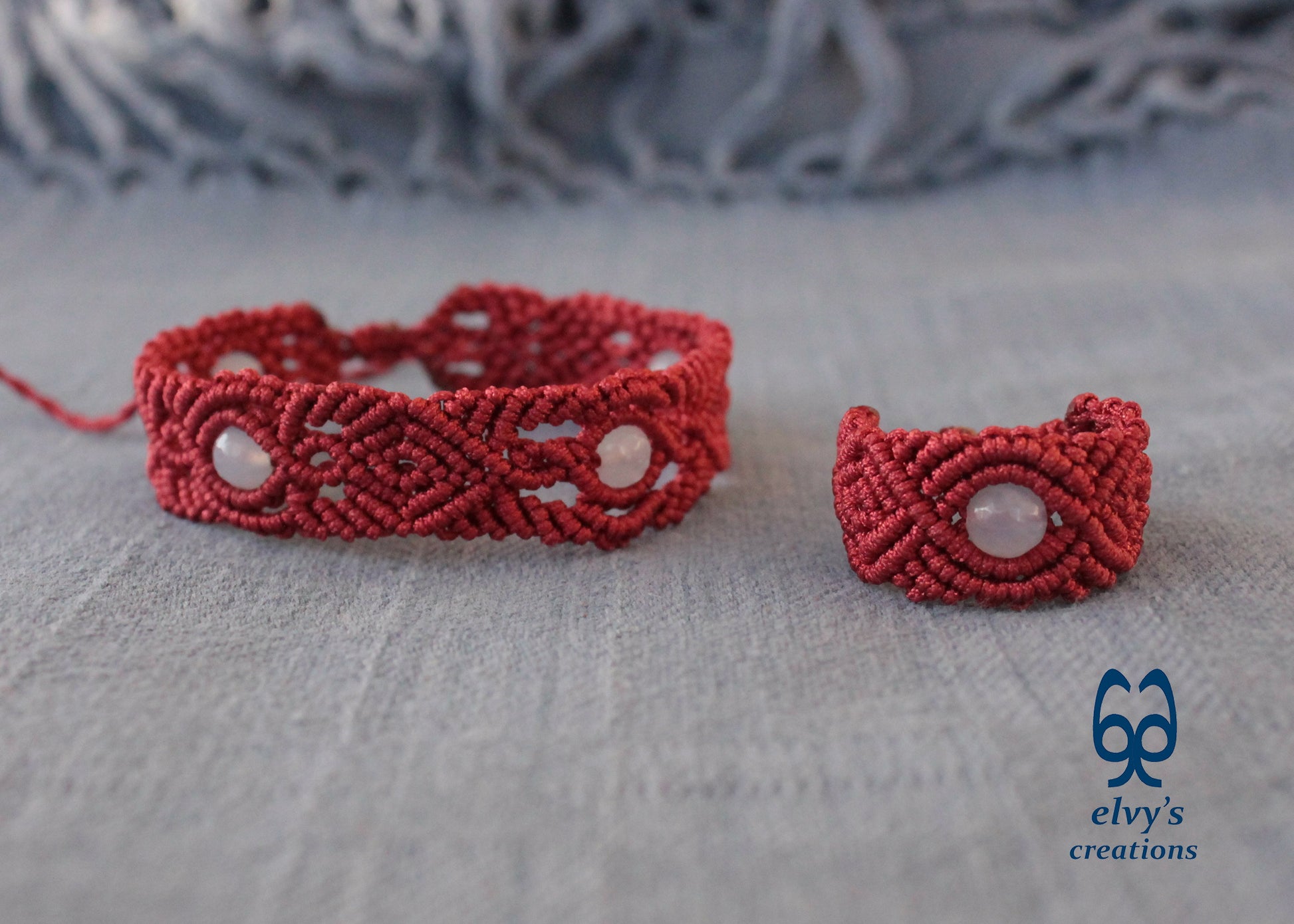 Red Macrame Ring with Purple Chalcedony Gemstone Unique Birthday Gift