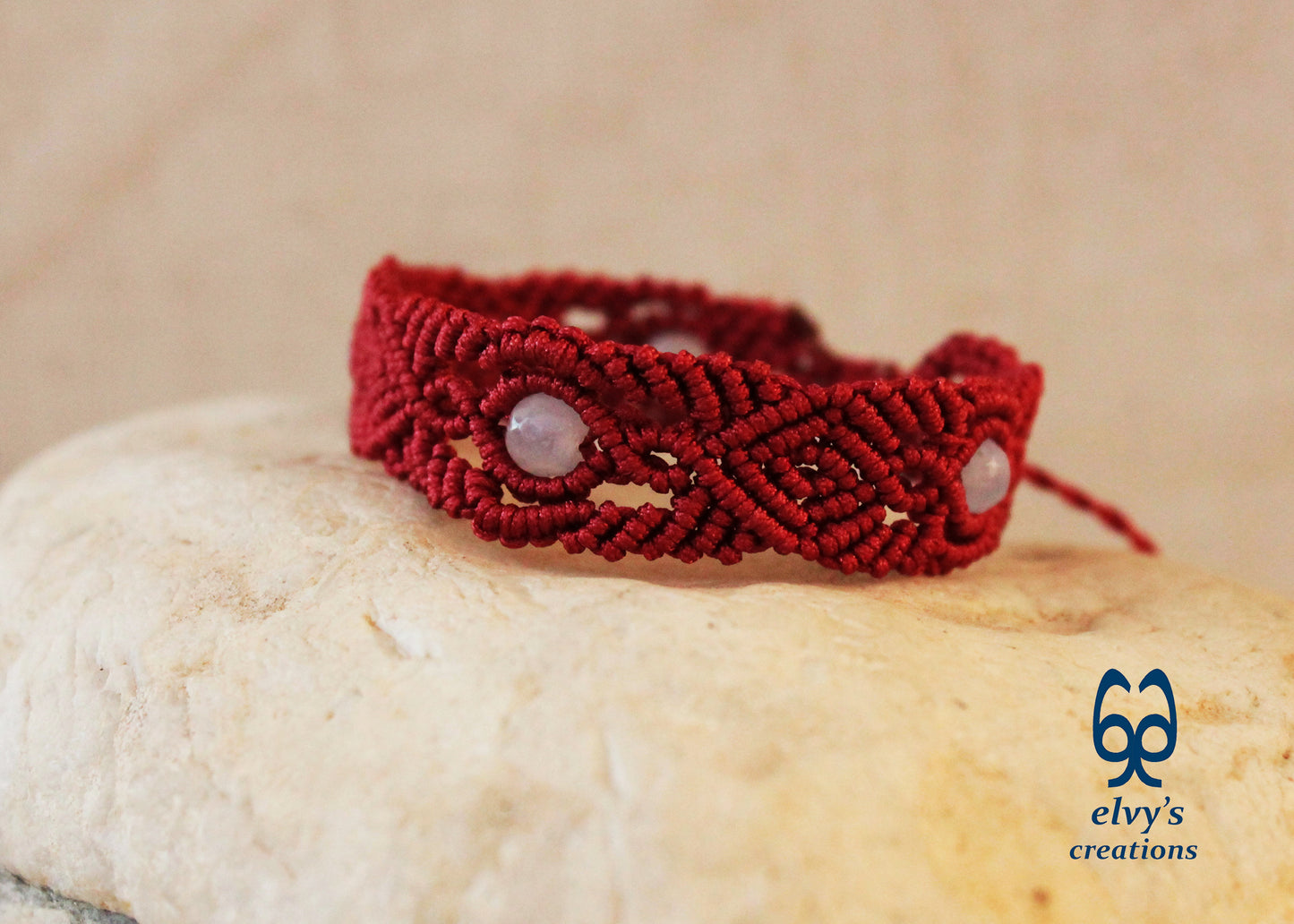 Red Macrame Bracelet with Chalcedony Gemstone Adjustable Unique Birthday Gift for Women