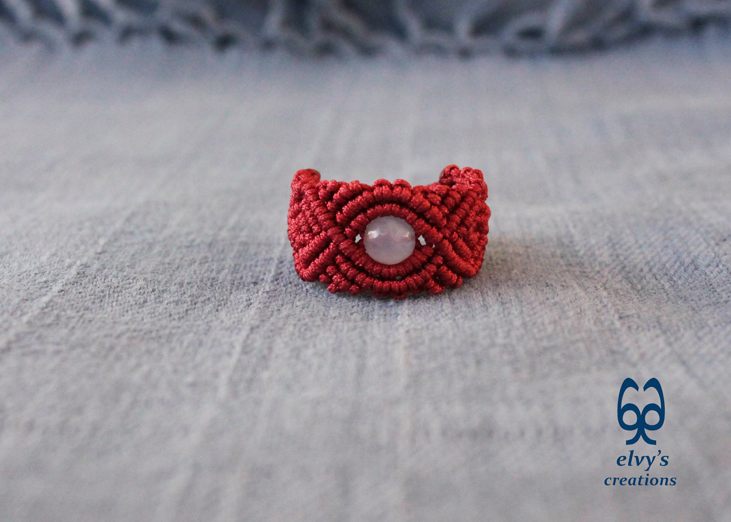 Red Macrame Ring with Purple Chalcedony Gemstone Unique Birthday Gift