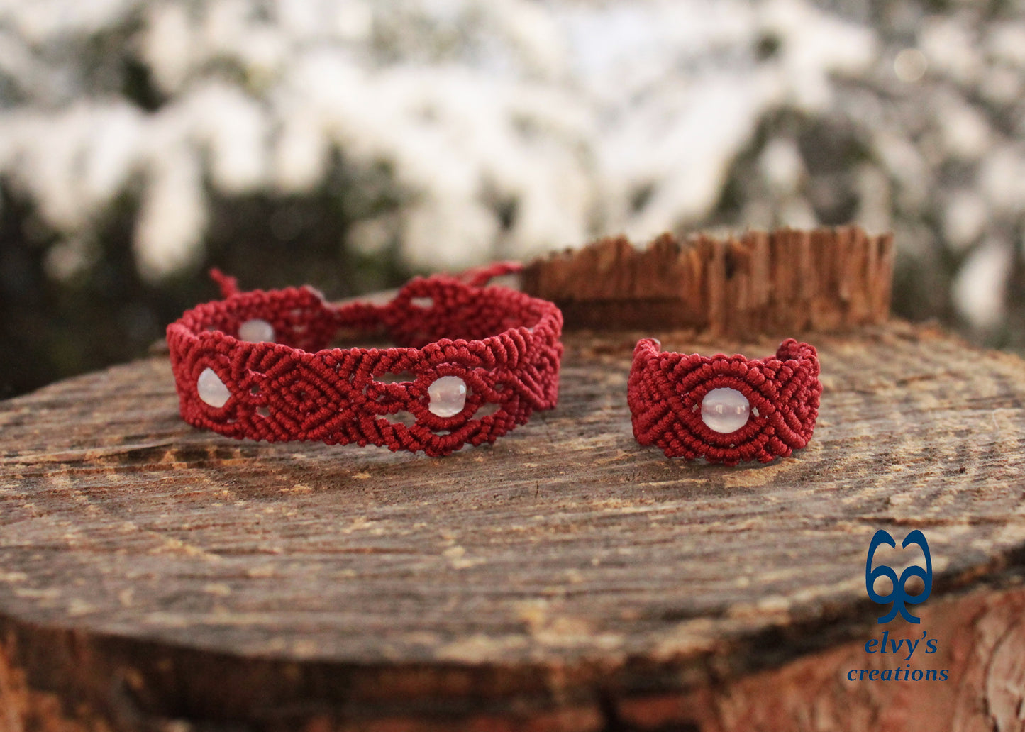 Red Macrame Set with Chalcedony Gemstones