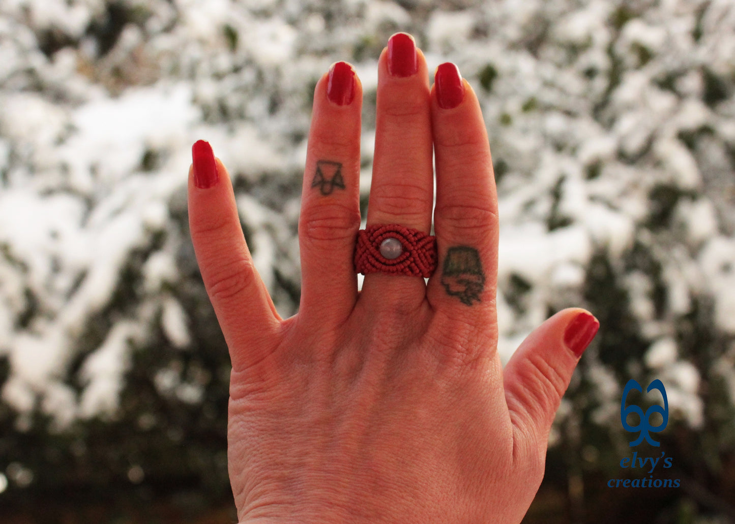 Red Macrame Ring with Purple Chalcedony Gemstone Unique Birthday Gift