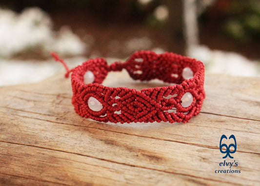 Red Macrame Bracelet with Chalcedony Gemstone Adjustable Unique Birthday Gift for Women