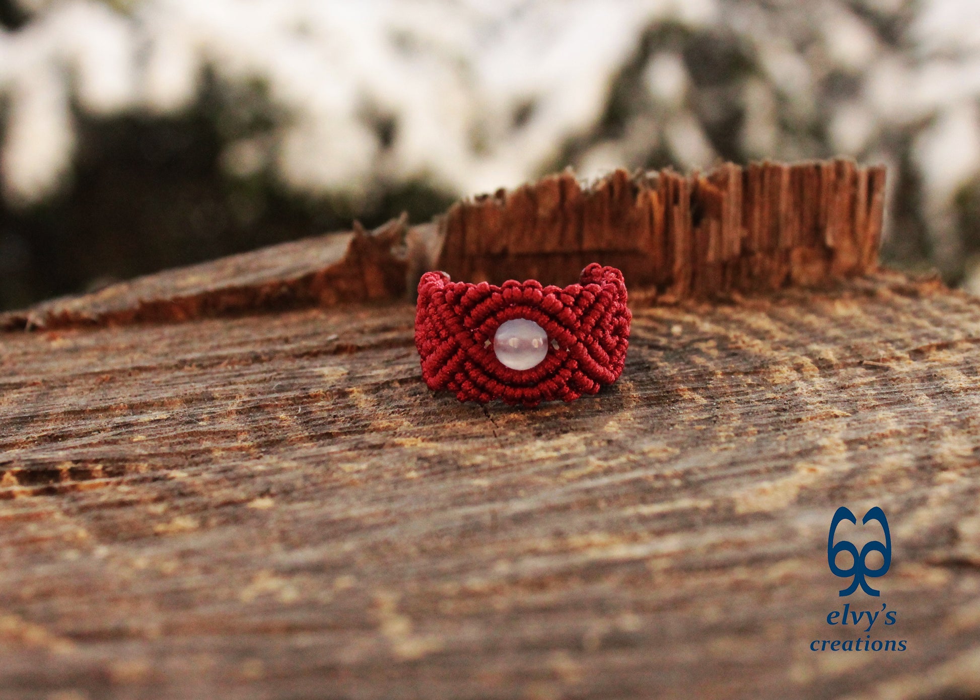 Red Macrame Ring with Purple Chalcedony Gemstone Unique Birthday Gift