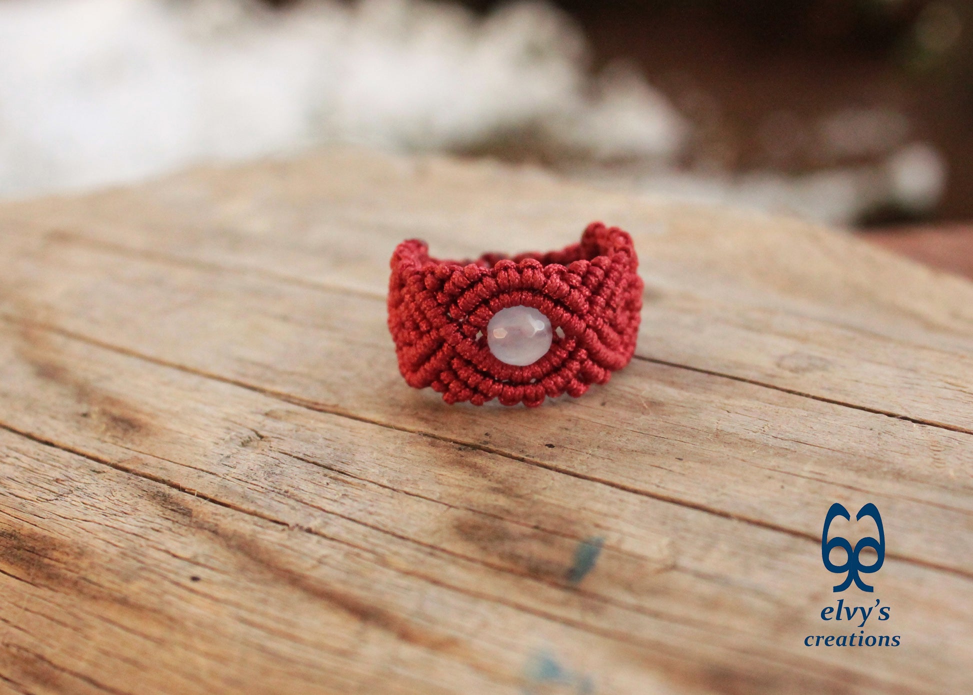 Red Macrame Ring with Purple Chalcedony Gemstone Unique Birthday Gift