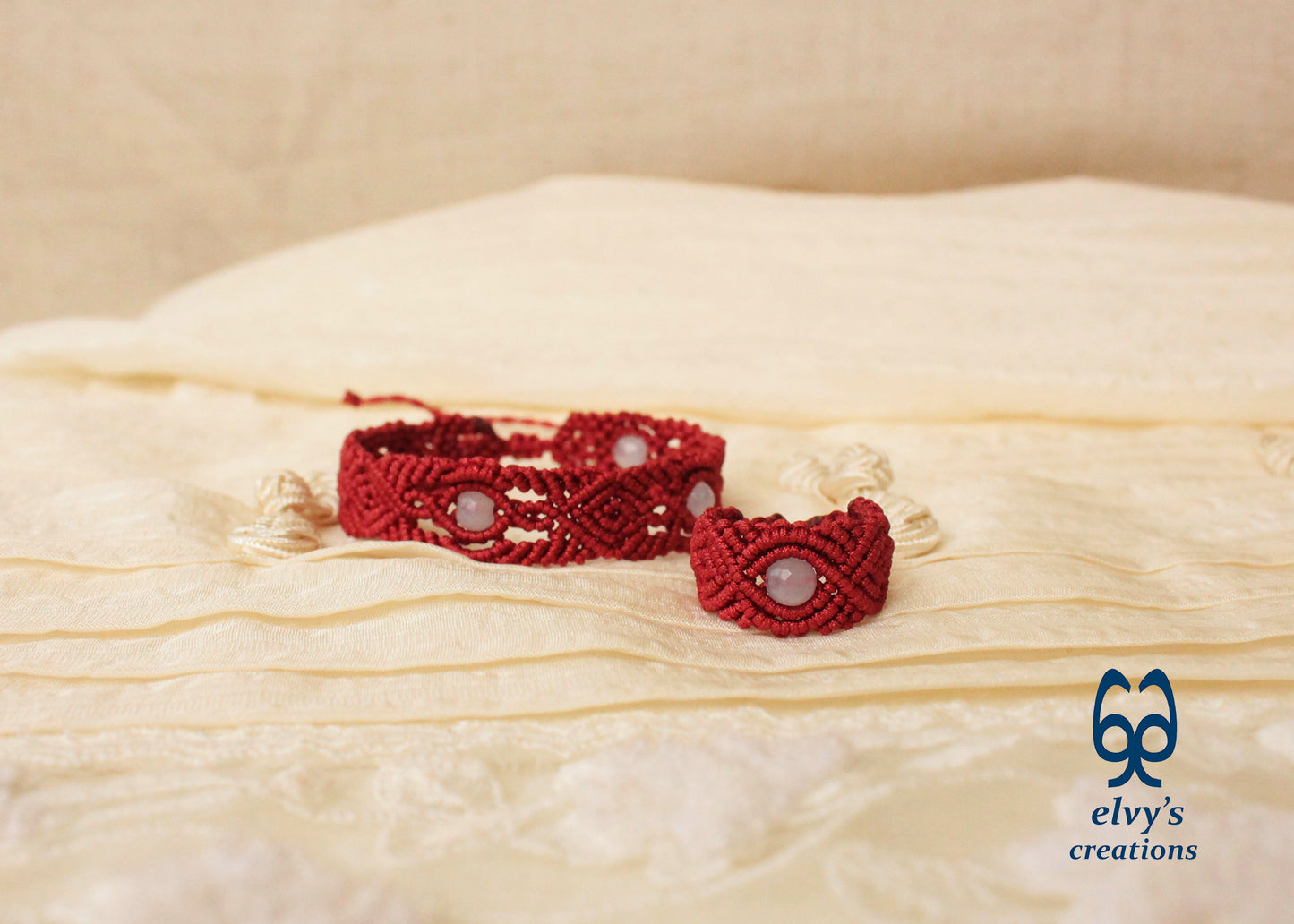 Red Macrame Set with Chalcedony Gemstones