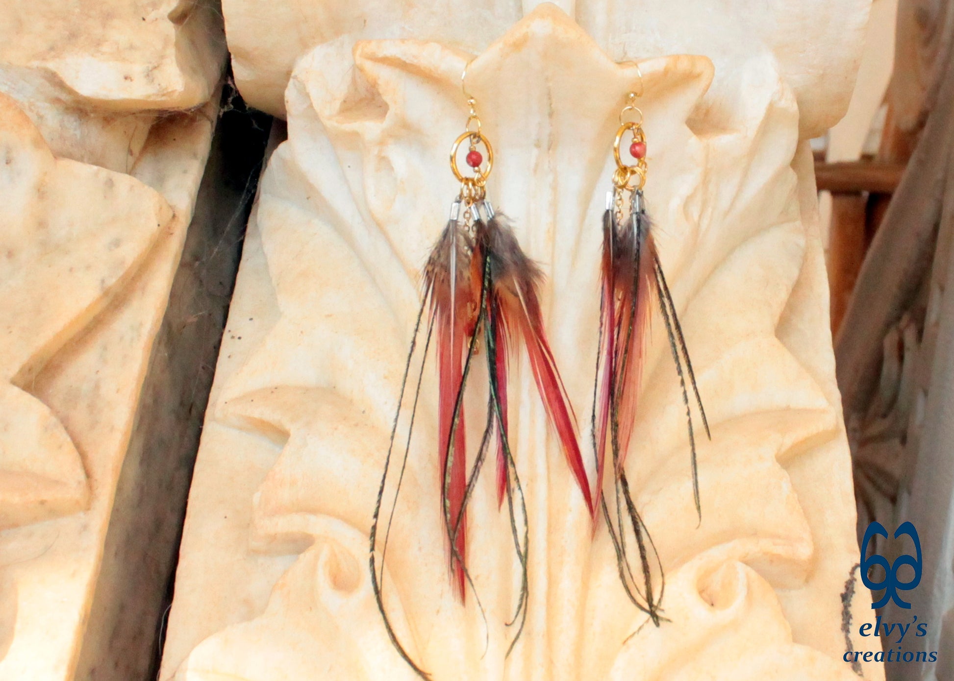 Handmade Gold Macrame Earrings, Dangle Gemstone Beads Earrings, Birthday Gift for Women