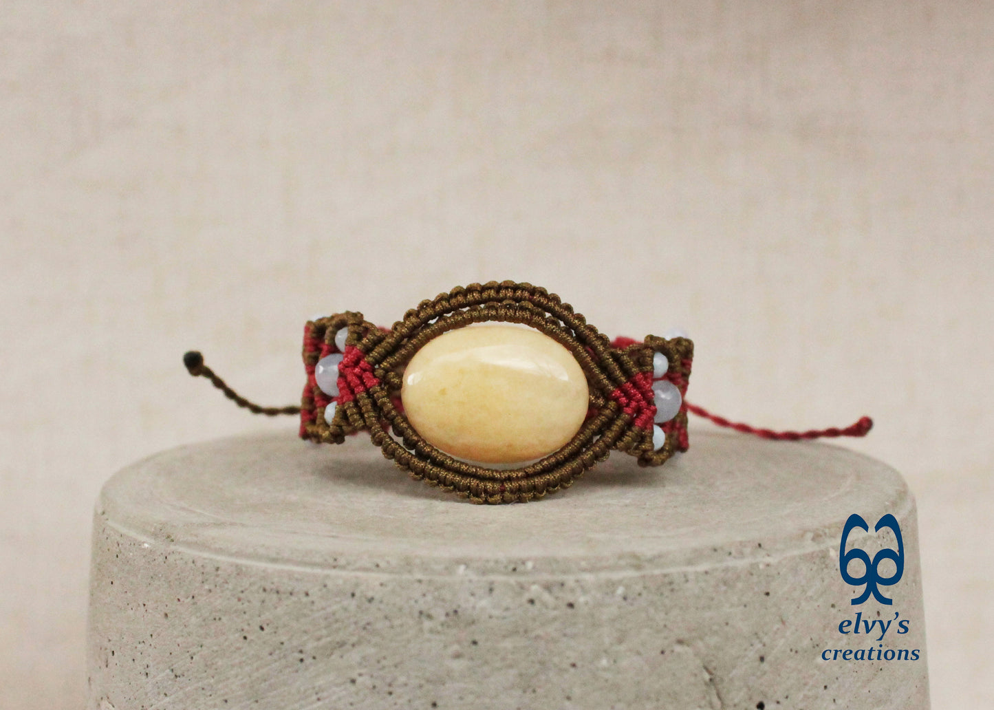 Gold Macrame Bracelet with Chalcedony Gemstone Adjustable Unique Birthday Gift for Women