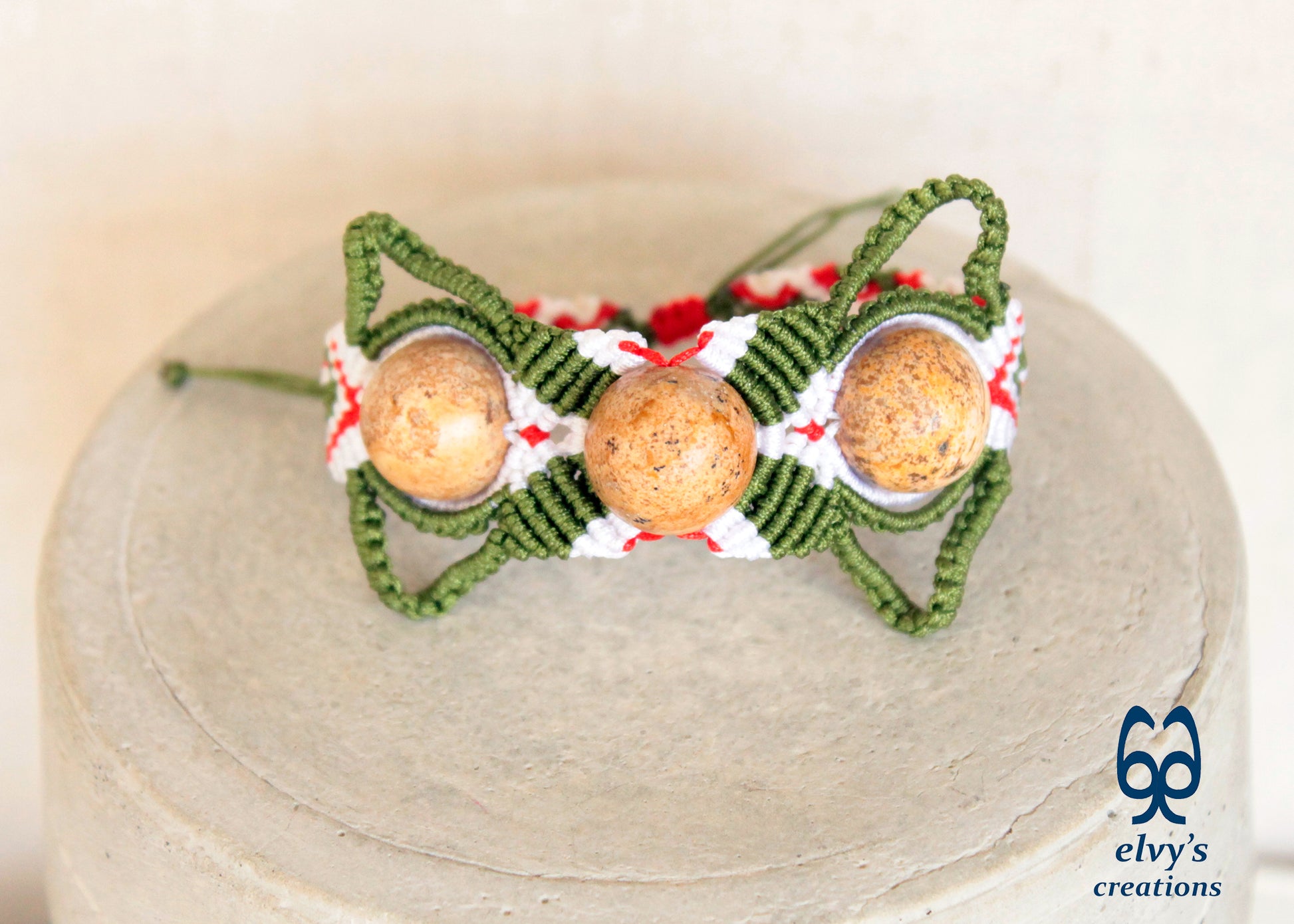 Red and Green Macrame Bracelet with Yellow Agate Gemstone Beaded Cuff, Unique Birthday Gift for Women