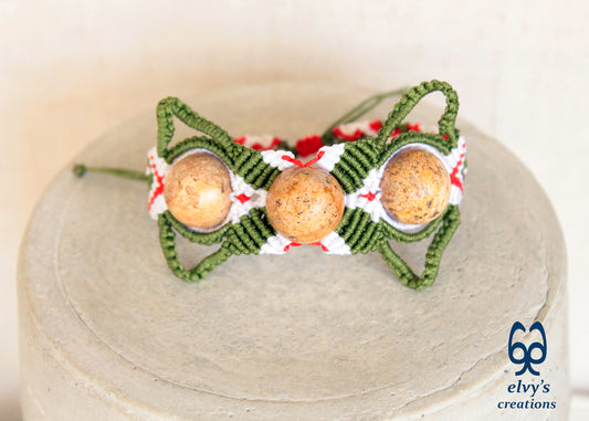 Red and Green Macrame Bracelet with Yellow Agate Gemstone Beaded Cuff, Unique Birthday Gift for Women