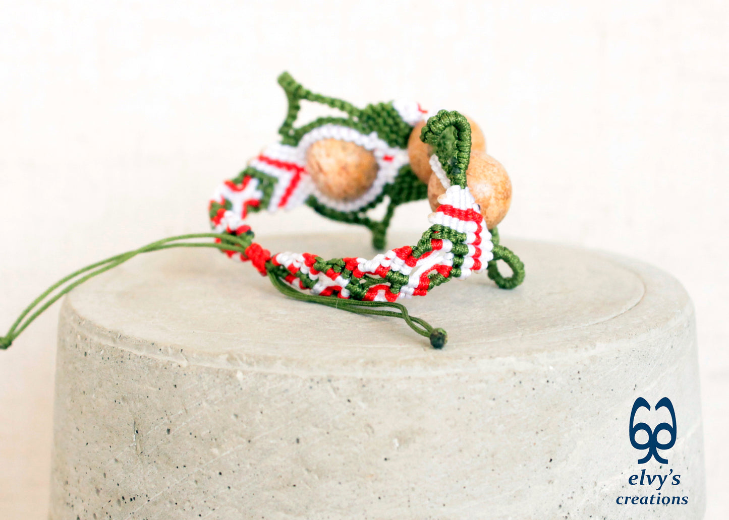 Red and Green Macrame Bracelet with Yellow Agate Gemstone Beaded Cuff, Unique Birthday Gift for Women