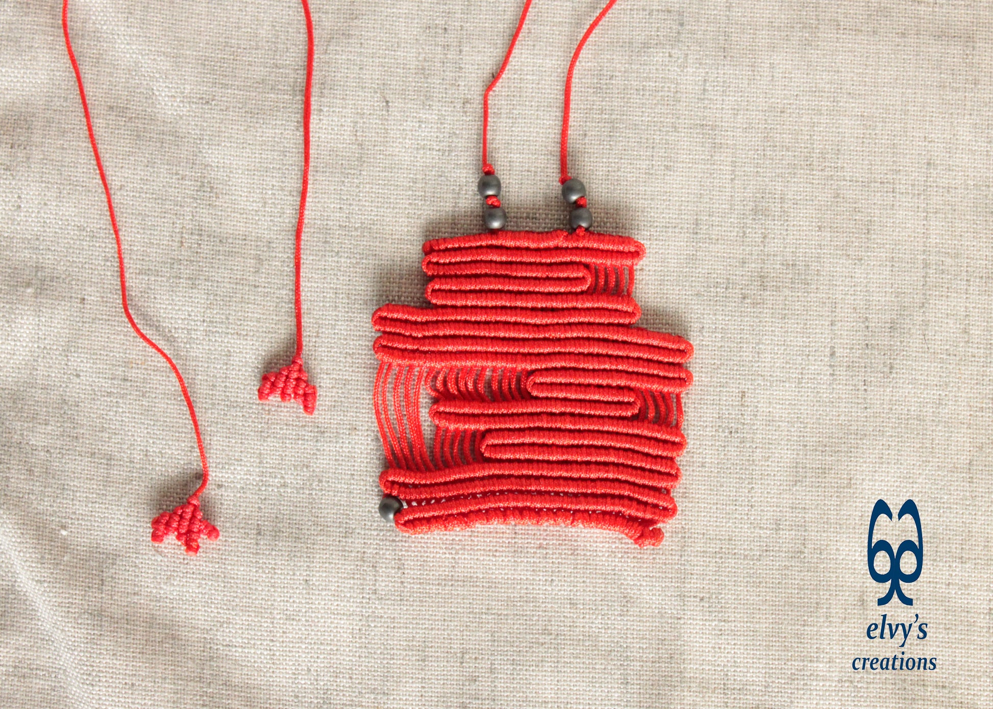 Red Macrame Necklace Adjustable Beaded Pendant with Natural Healing Gems Grey Hematite for Men and Women