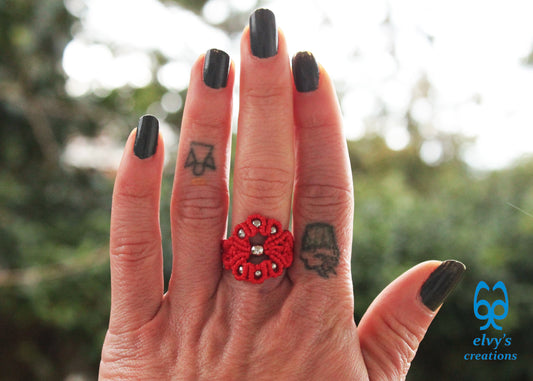 Red Macrame Ring with Hematite Gemstones