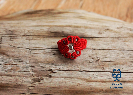 Red Macrame Ring with Hematite Gemstones