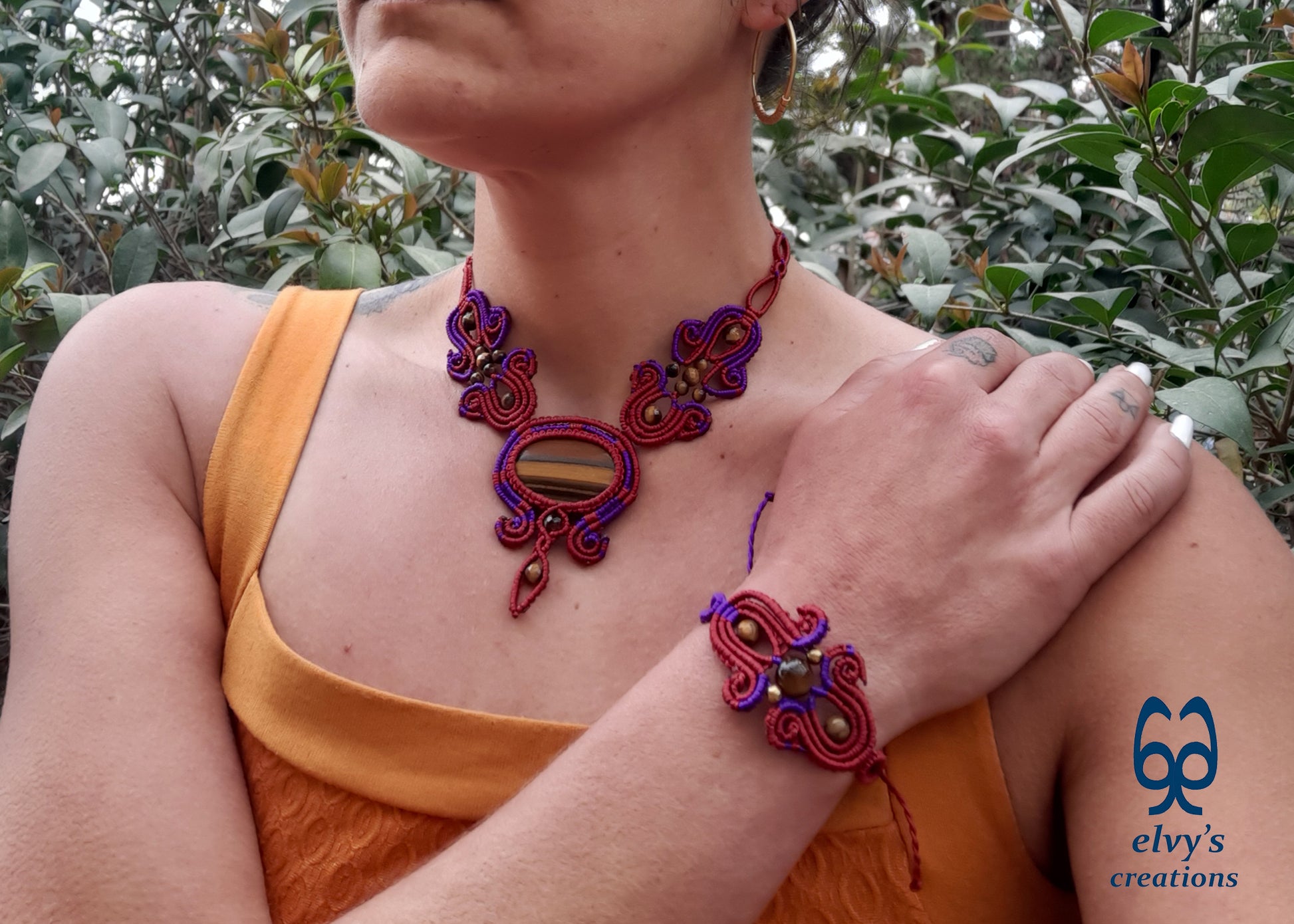 Red Macrame Necklace with Tiger Eye Gemstones Purple Adjustable Choker